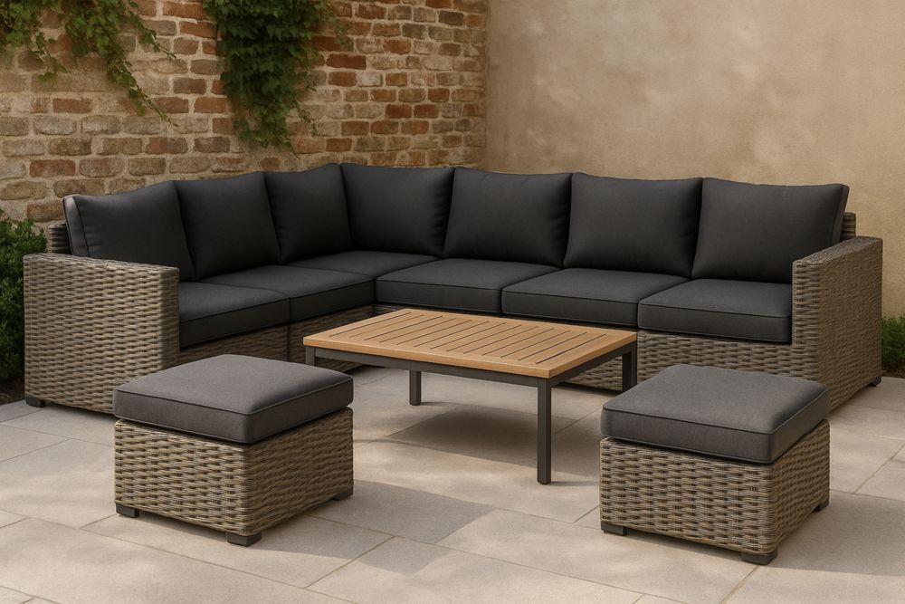 220x265x75 cm conjunto de sofá esquinero de ratán sintético con cojines de poliéster y mesa