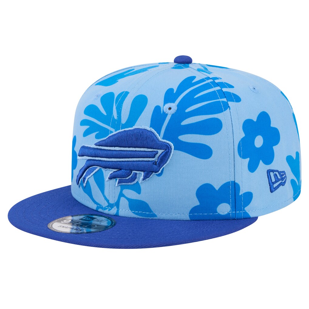 Light blue Buffalo Bills New Era 9FIFTY snapback hat featuring a dark blue leafy floral print, royal blue visor, and embroidered tonal team logo.