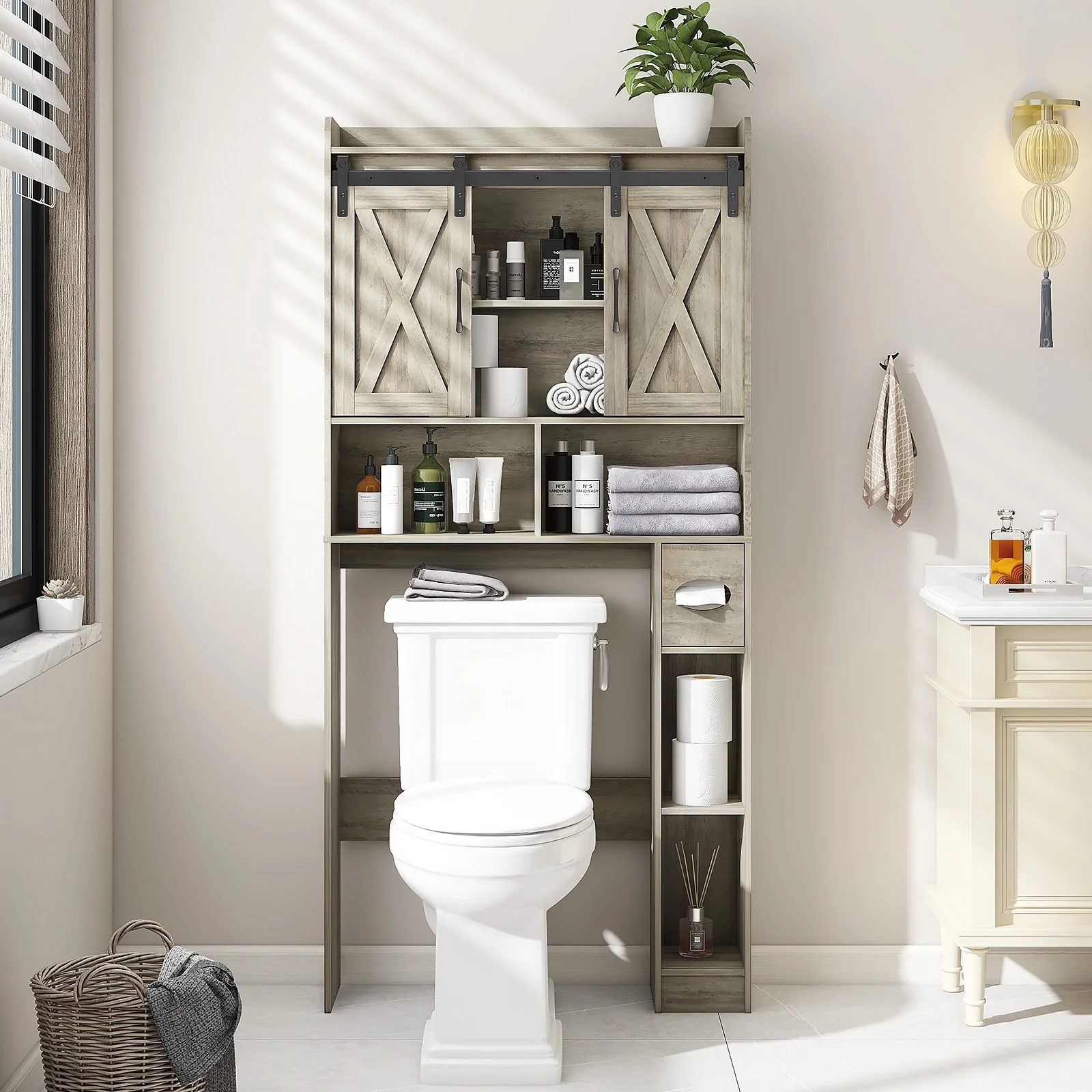 Over The Toilet Storage Cabinet, Farmhouse Storage Cabinet Over Toilet with Sliding Doors-Home Space-Saving Toilet Rack, for Bathroom, Restroom, Laundry - Image 16