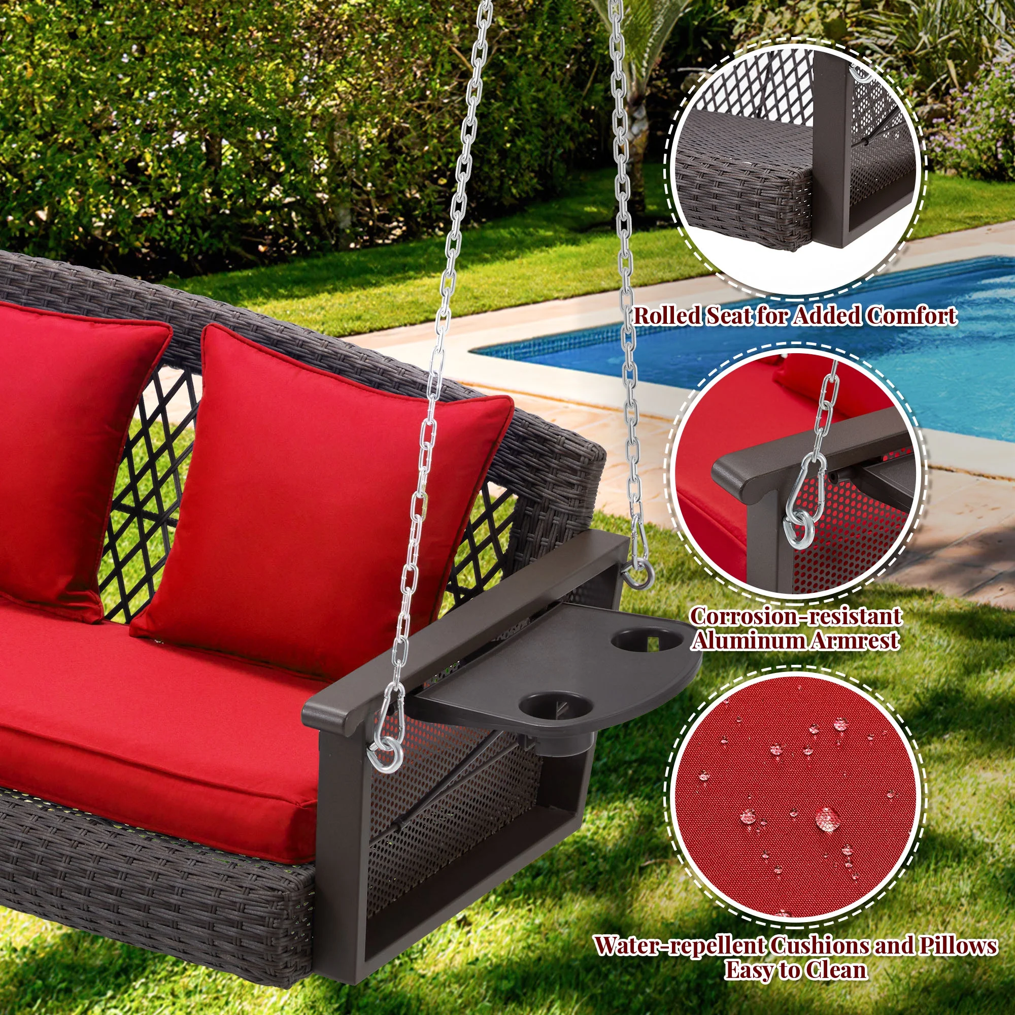 Homrest 3-Person Porch Swing 55in Wicker Hanging Swing Bench with Cushions and Cupholders for Deck, Garden and Backyard, Beige - Image 39