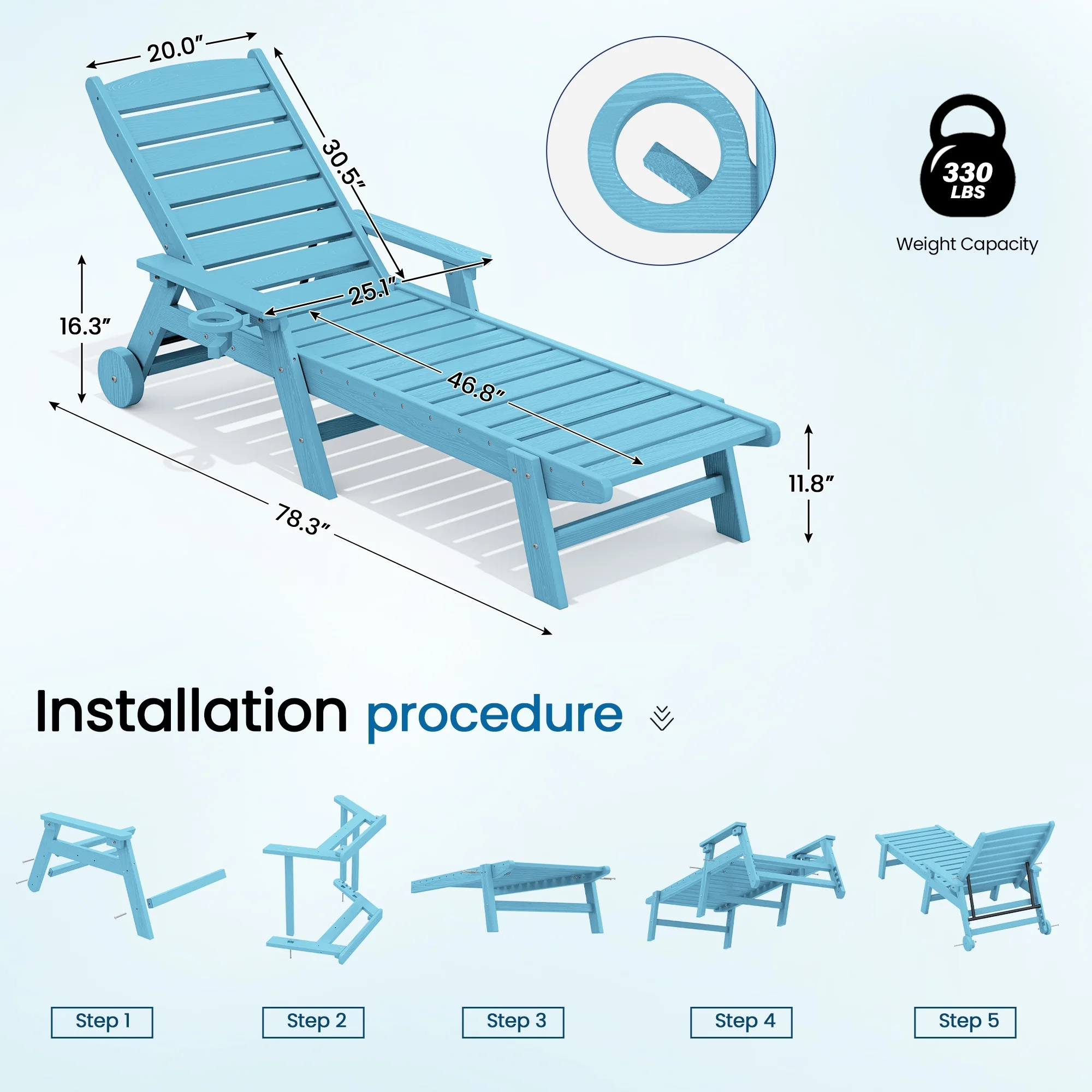SERWALL Patio Chaise Lounge Chair, 78'' HDPE Outdoor Lounge Chair 5 Positions Pool Lounger Navy Blue - Image 58