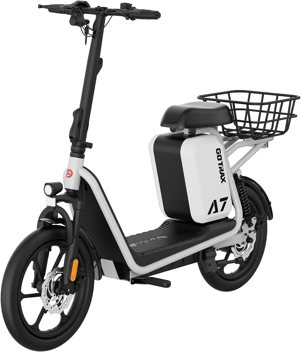 Gotrax adult electric scooter with seat maximum range of 19-25 miles all-terrain tires wide pedals