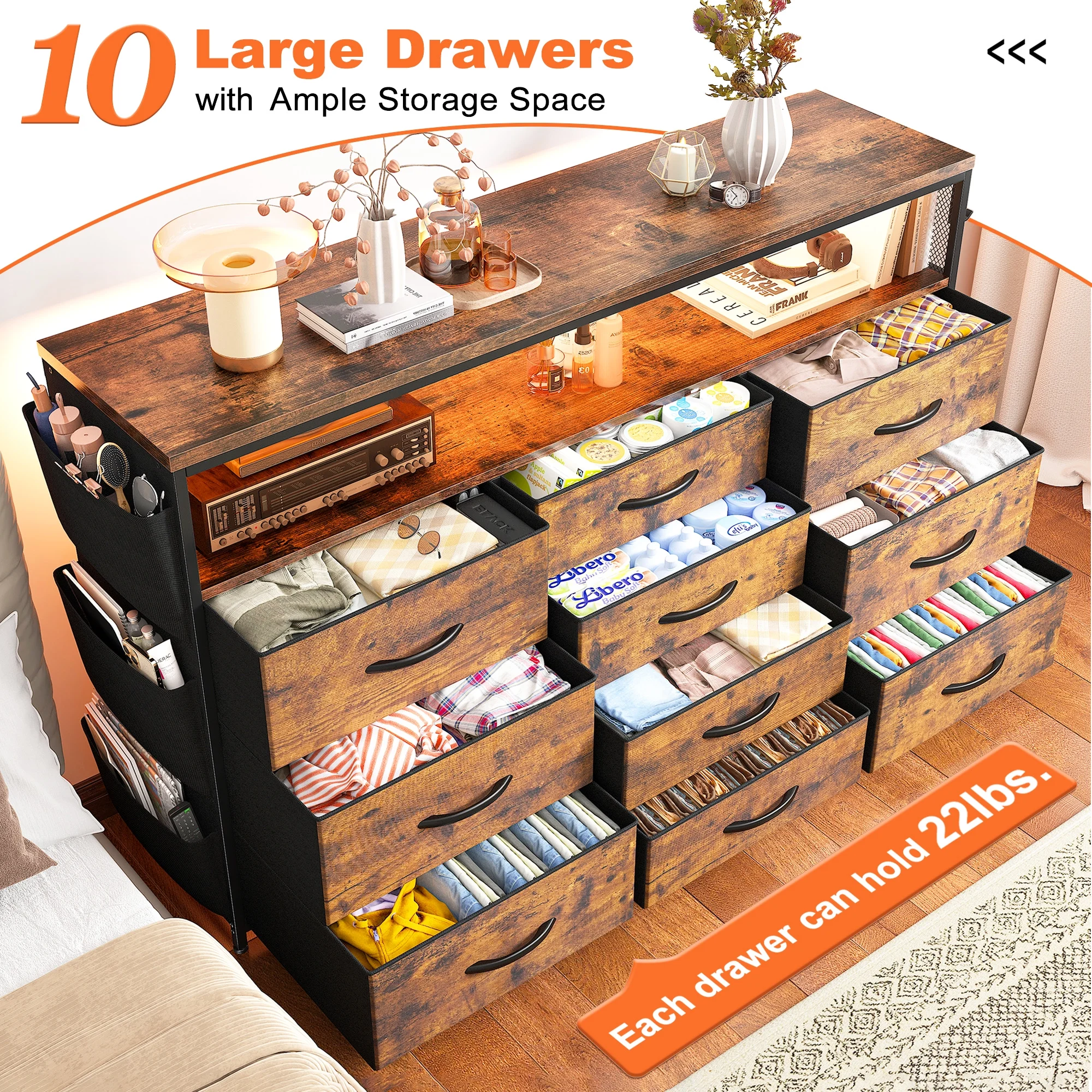 EnHomee Dressers for bedroom TV Stand with Power Outlets &LED Lights Wide Dresser with 10 Drawers&Side Pockets & Hook Fabric Chest of Drawers,Black - Image 30