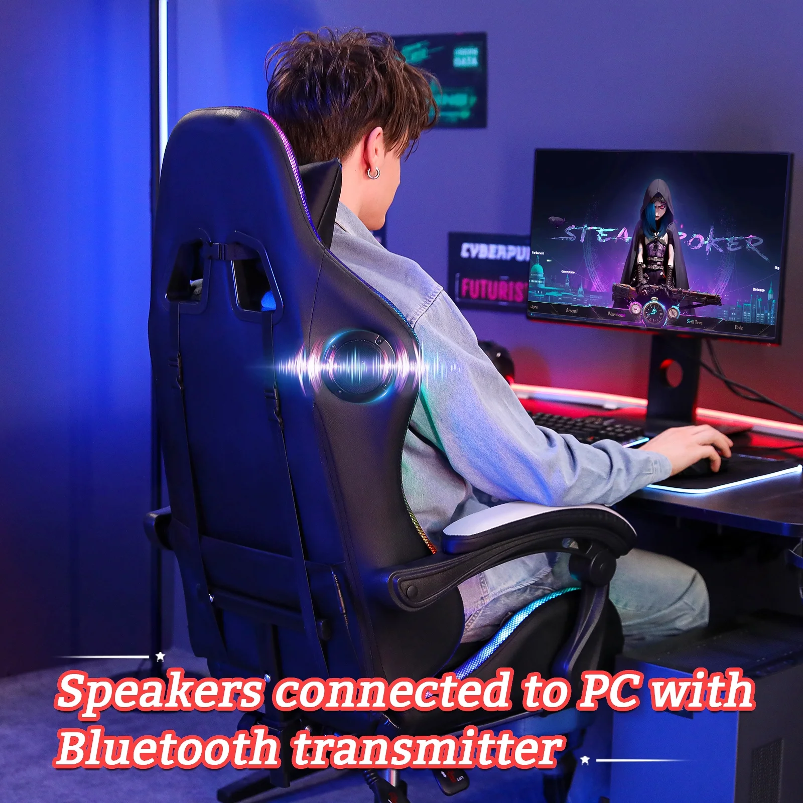 Hoffree Gaming Chair with Speakers PU Leather Office Chair with Footrest and LED Lights Ergonomic Gamer Chair with Massage Lumbar Support and Headrest Adjustable Swivel for Home Office 300lb - Image 64