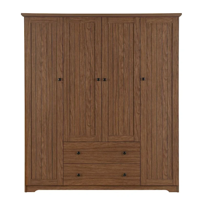 Freestanding 4-Door Wardrobe Armoire with 2 Drawers and Hanging Rods for Clothes Storage
