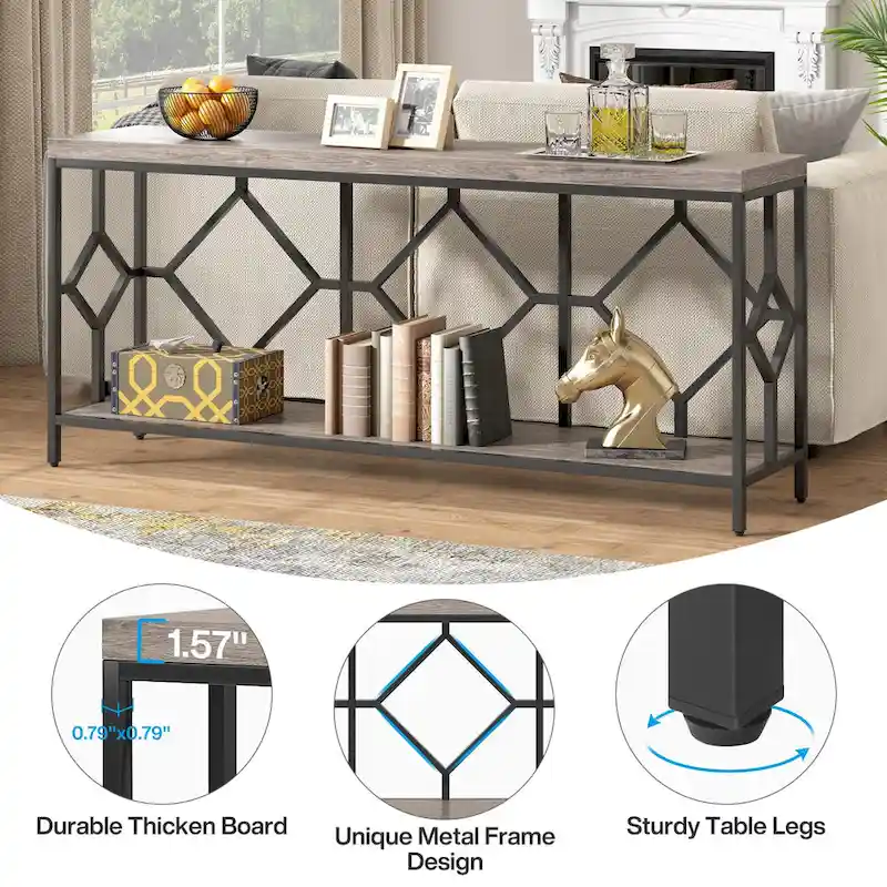 70.9-Inch Industrial Sofa Console Table with Open Storage Shelf - Extra Long Narrow Entry Table for Behind Couch