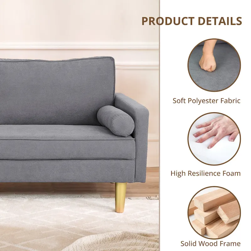 Elegant 65-Inch Orange Polyester 2-Seater Loveseat with Side Pockets and Round Cushions