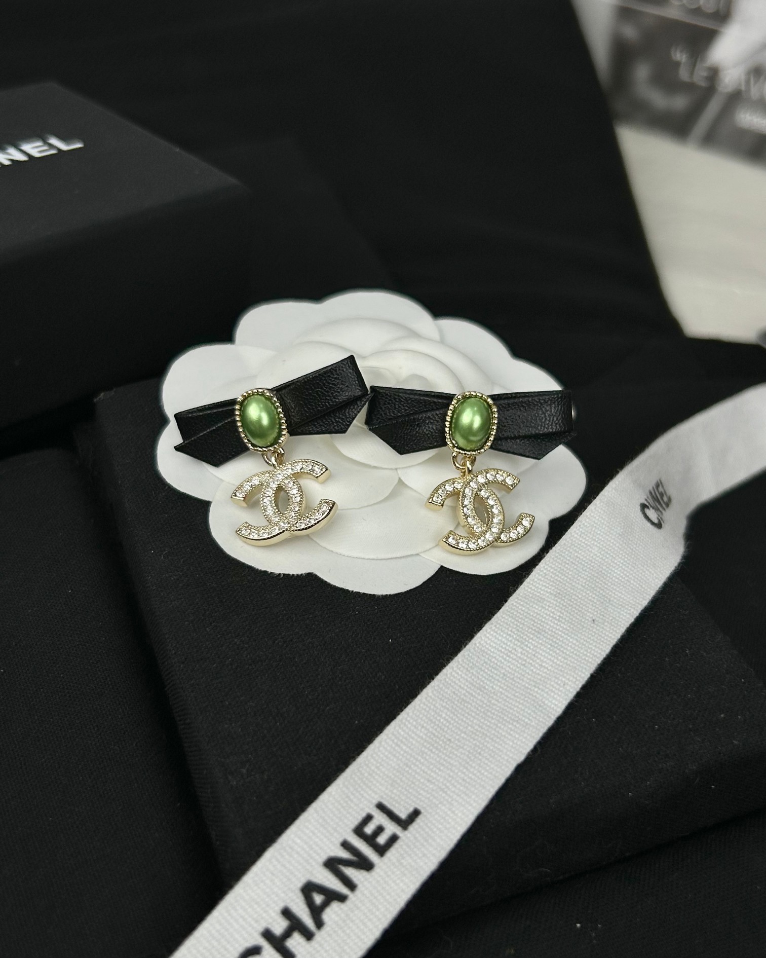 Chanel Leather Bow Green Pearl CC Dangle Earrings - Original Replica Club