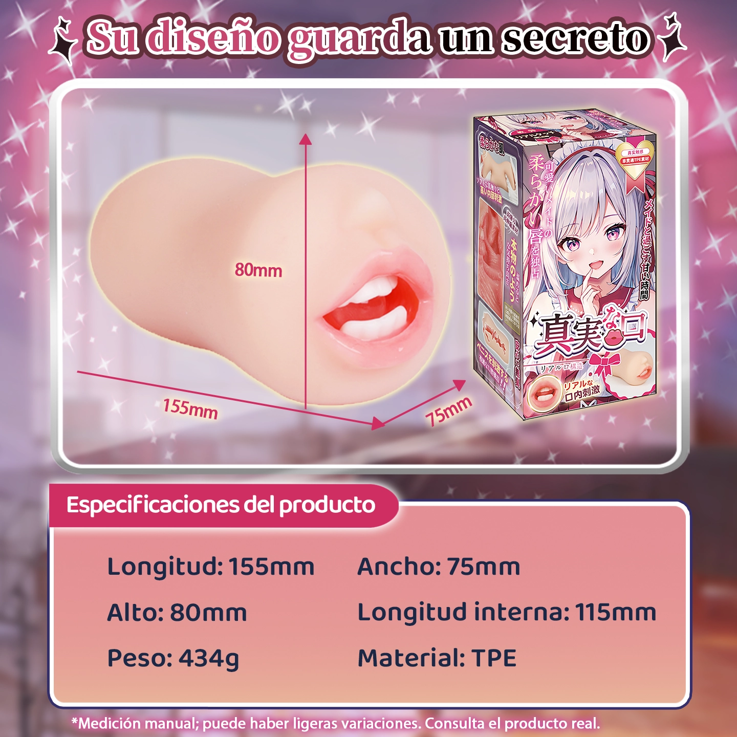 Especificaciones del masturbador oral Dr.YUU: 155 mm de largo, 75 mm de ancho, 80 mm de alto, canal interno de 115 mm, 434 g y material TPE.