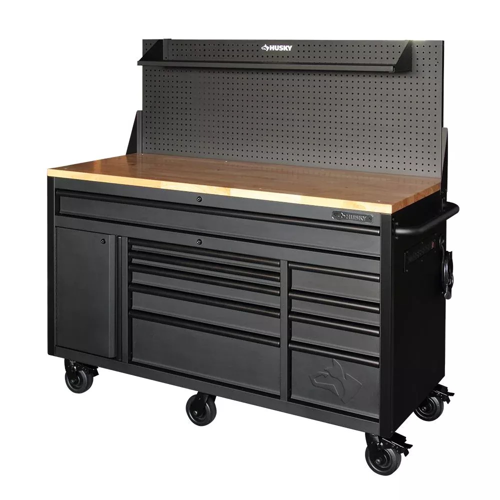 HEAVY-DUTY 61 IN. W 10-DRAWER 1-DOOR, DEEP TOOL CHEST MOBILE WORKBENCH IN MATTE BLACK W/ HARDWOOD TOP, PEGBOARD & SHELF