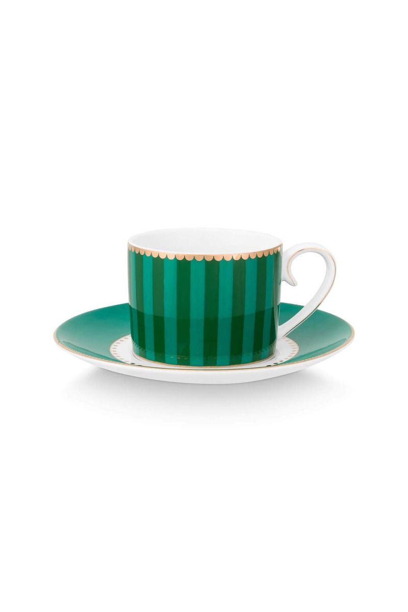 Espresso Cup & Saucer Love Birds Stripes Emerald-Green