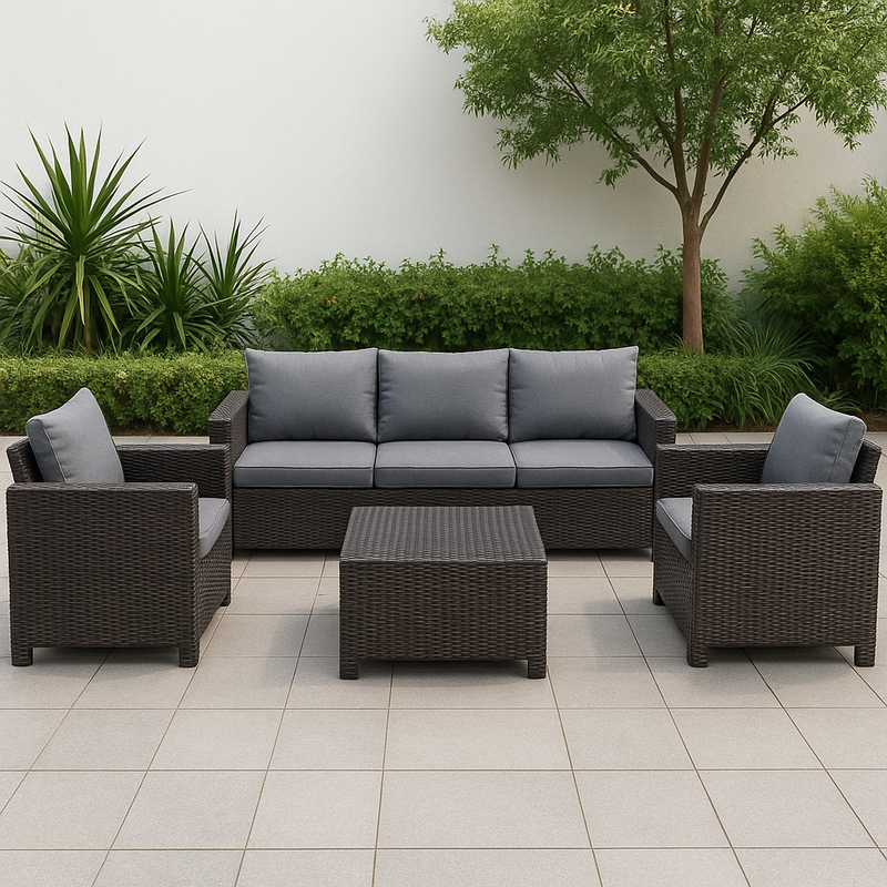 Juego de muebles de jardín de ratán sintético gris oscuro, sofá y sillas con cojines para exteriores