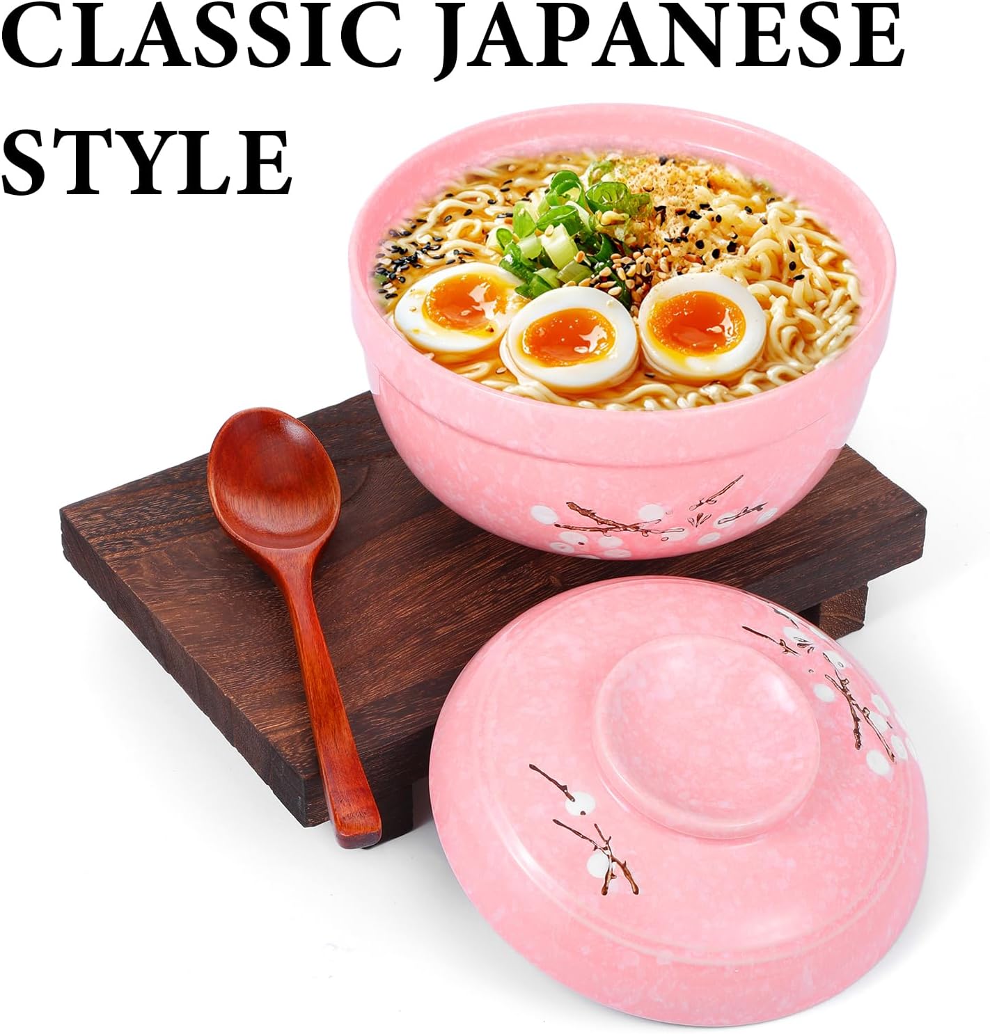 2 Pack Ceramic Ramen Noodle Bowl, 27 OZ Big Ramen Bowl with Lid, Japanese Hand-Painted Ceramic Tableware, Durable Floral Soup Bowl for Noodles, Porridge, Rice, Dishwasher Safe(Pink, Beige)