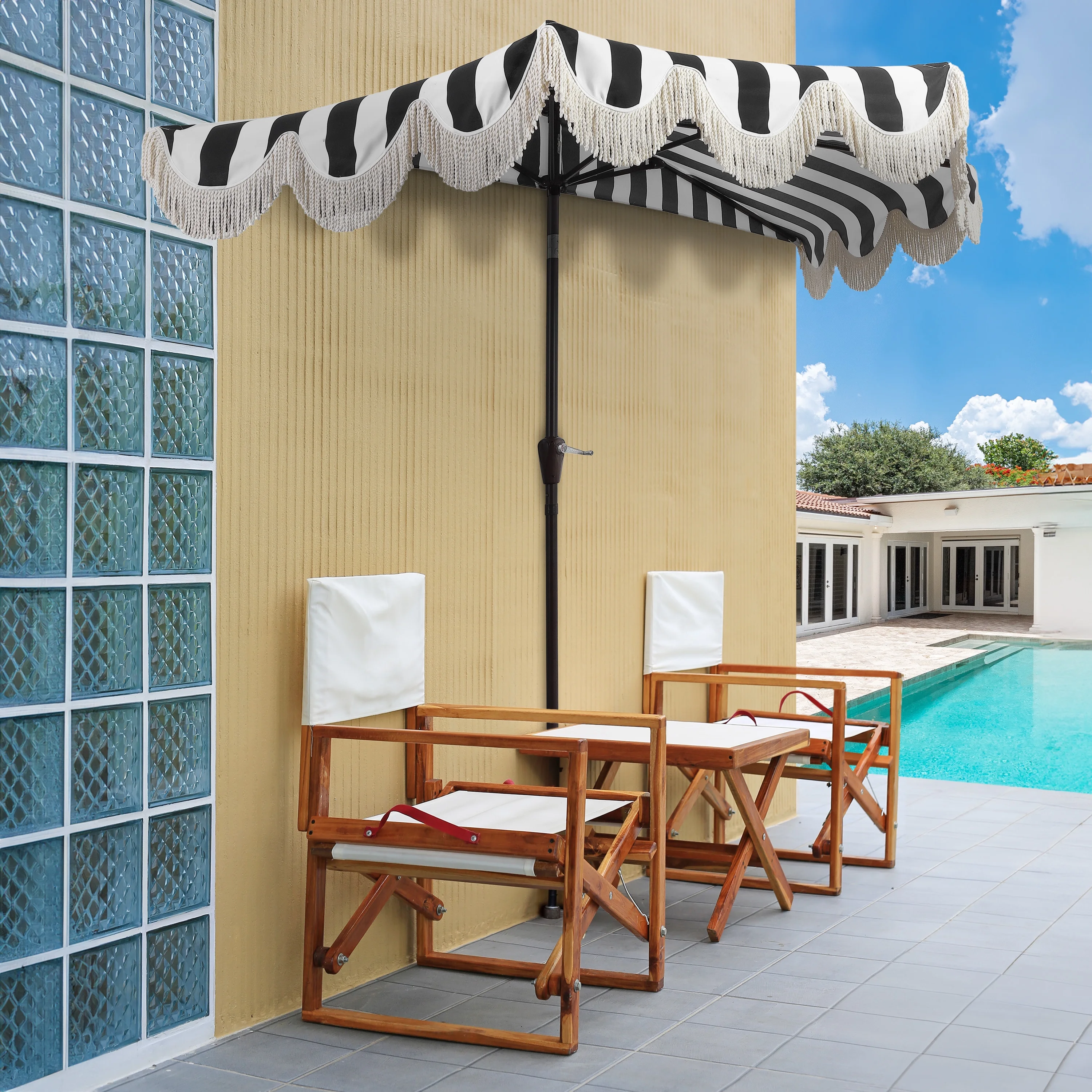 JONATHAN Y Beverly 9 ft. Half Market Patio Umbrella, Designer Classic Scalloped Fringe with Crank, Tilt Button and UV Protection, Blue/White/Cream, Dark Brown Pole - Image 32