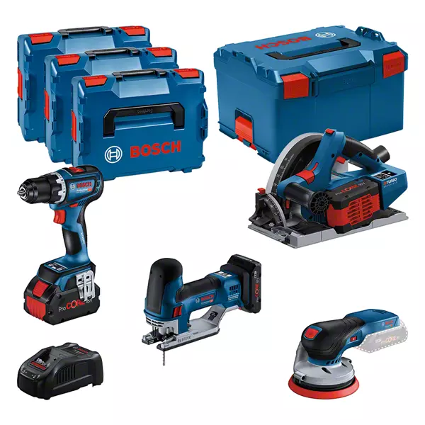 BOSCH COMBI-KIT 4 18V TOOLS: GSR 18V-90C + GKT 18V-52GC + GST 18V-155 SC+ GEX 18V-125 + 1 4.0 AH BATTERY (PROCORE) + 2 5.5 AH BATTERIES (PROCORE) + GAL 1880CV ( L)PROFESSIONAL