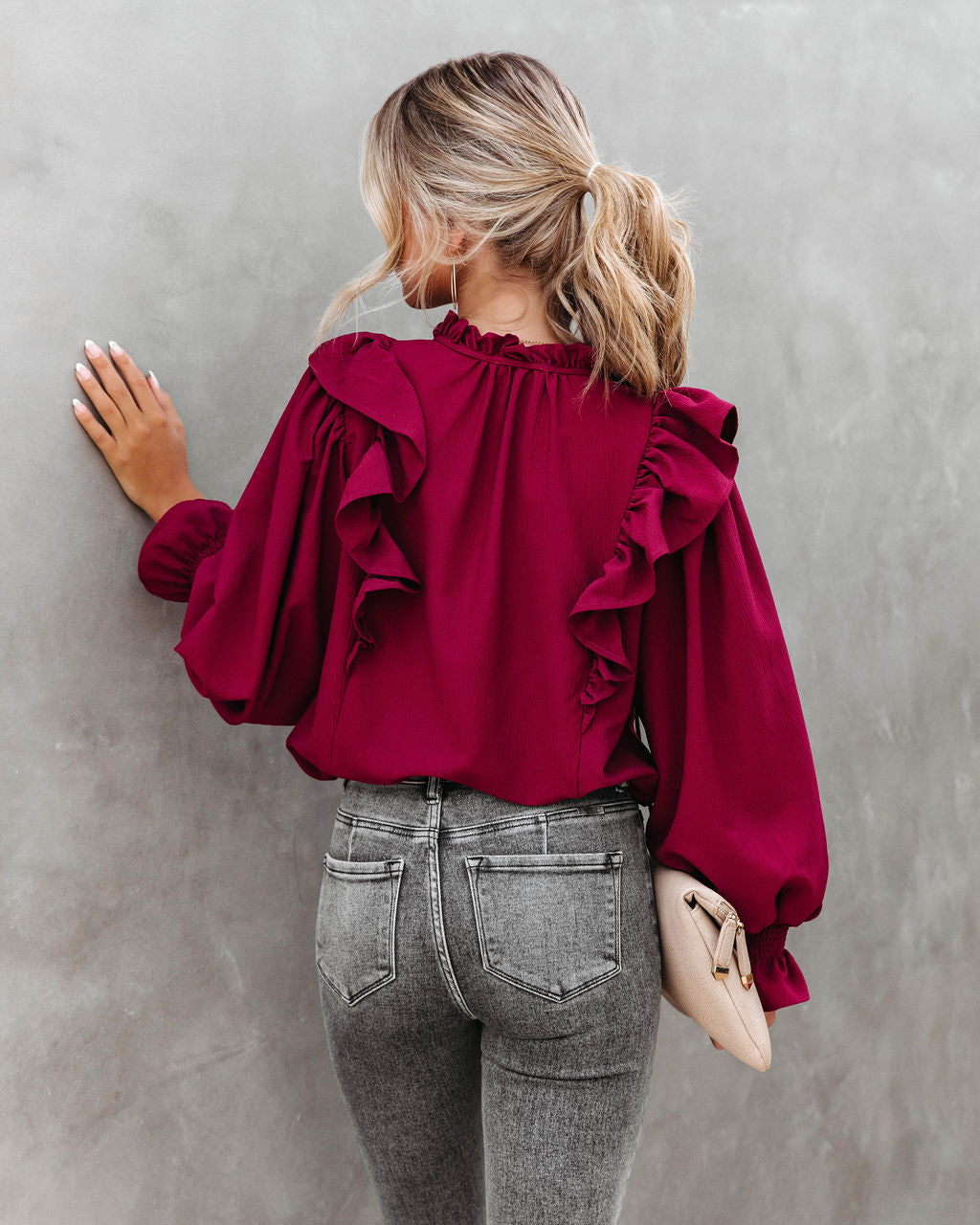 Marion Ruffle Long Sleeve Top - Burgundy - Se7enfashion