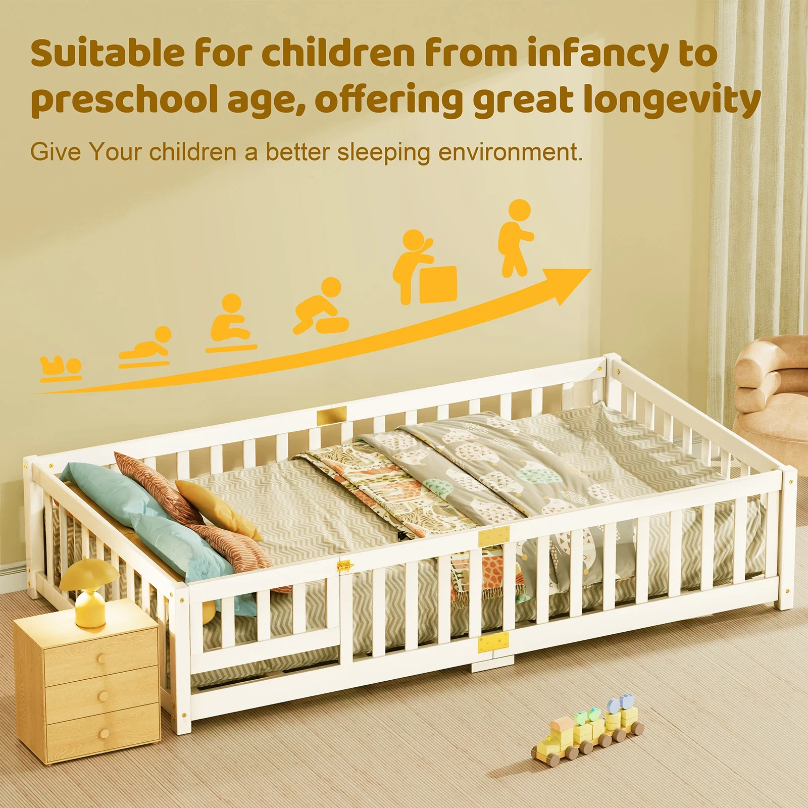 Slsy Twin Size Toddler Floor Bed, Solid Wood Montessori Bed Frame with Fence & Door Montessori Floor Bed Crib with Safety Guardrails for Girls and Boys - Image 2