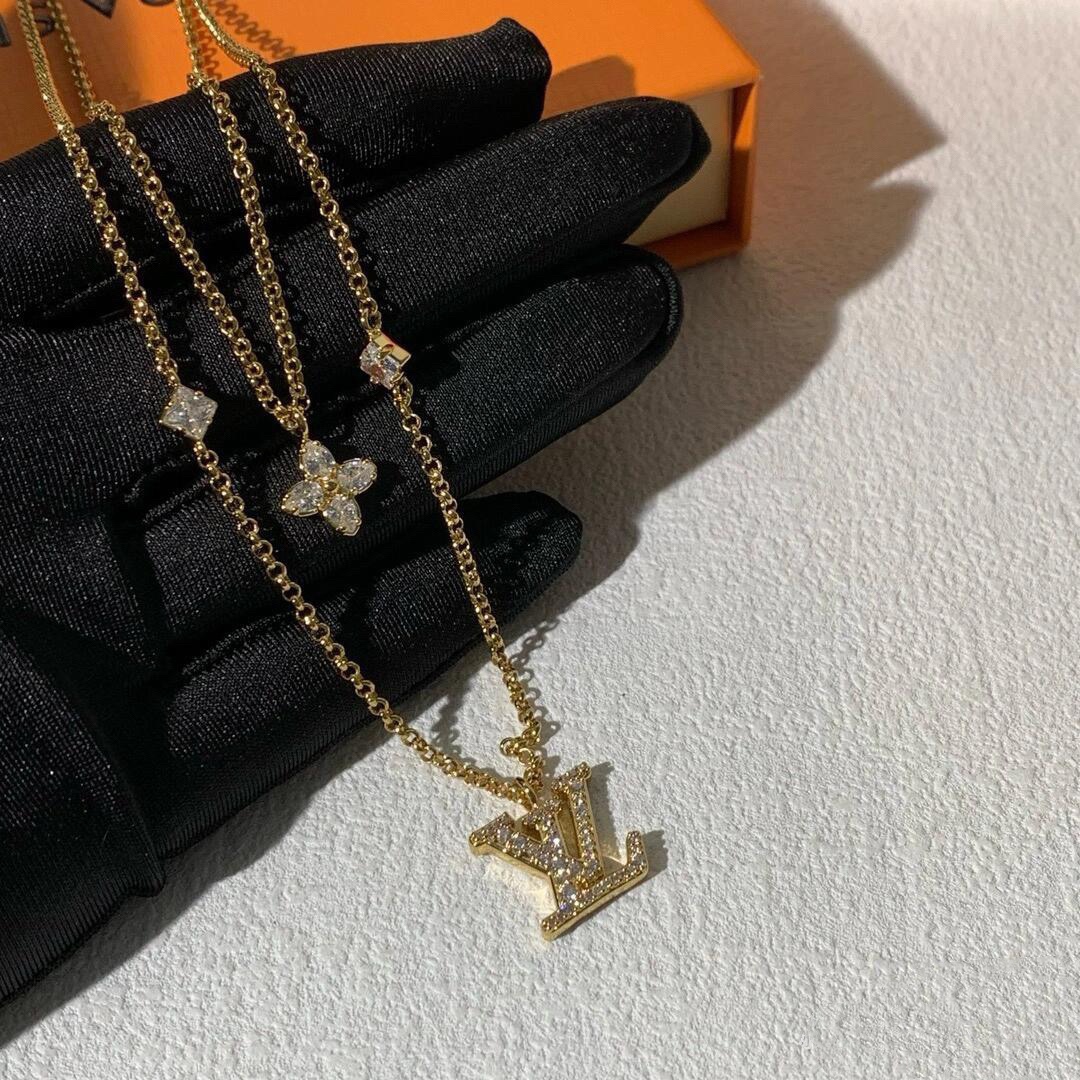Louis Vuitton 2 Layers Diamond LV Monogram Pendant Necklace - Original Replica Club