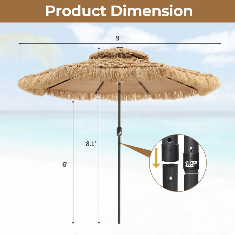 Eletriclife 9FT Thatched Tiki Patio Umbrella with 33 LED Lights