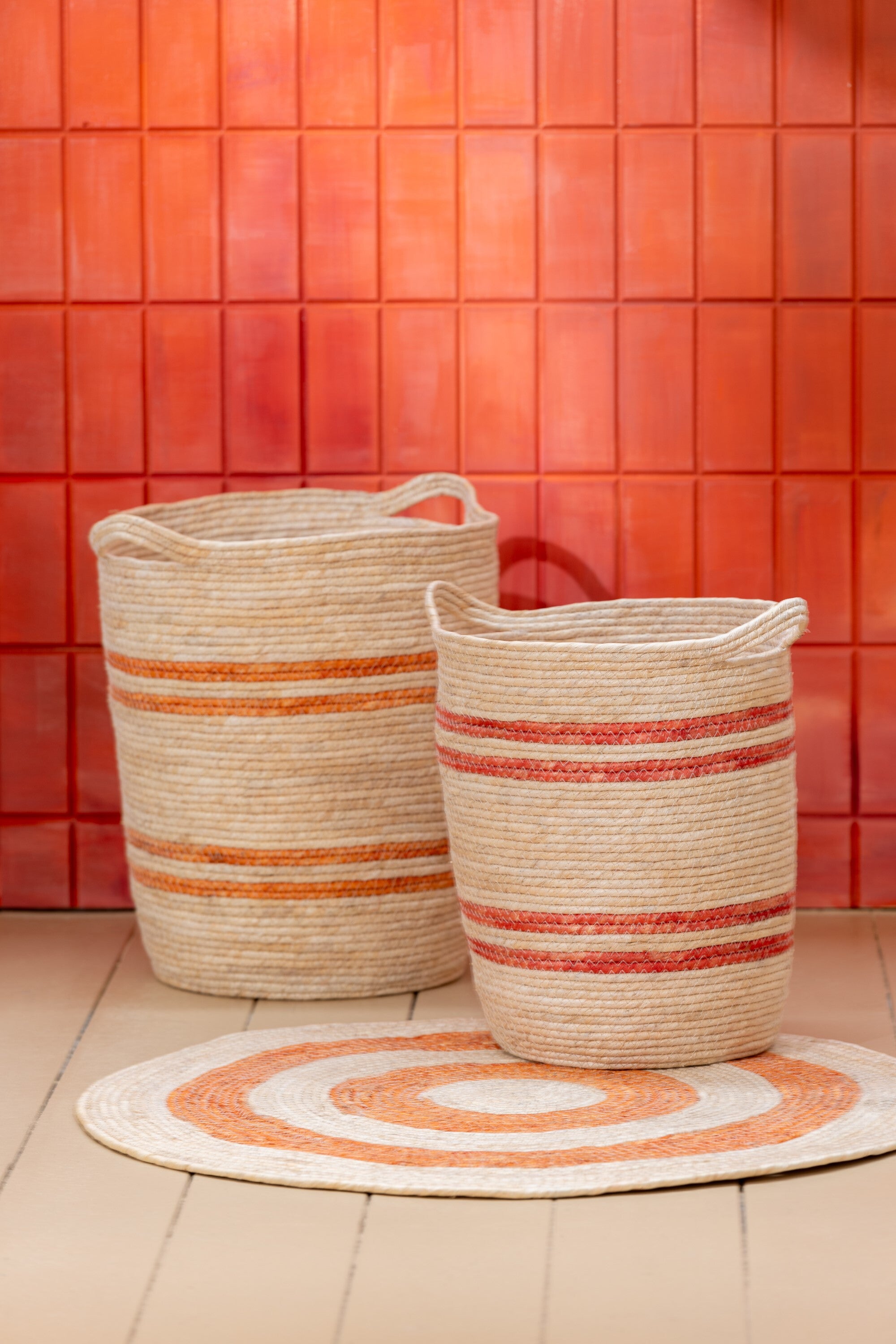 J-Line mand strepen+handvat maïs - textiel - naturel rood -