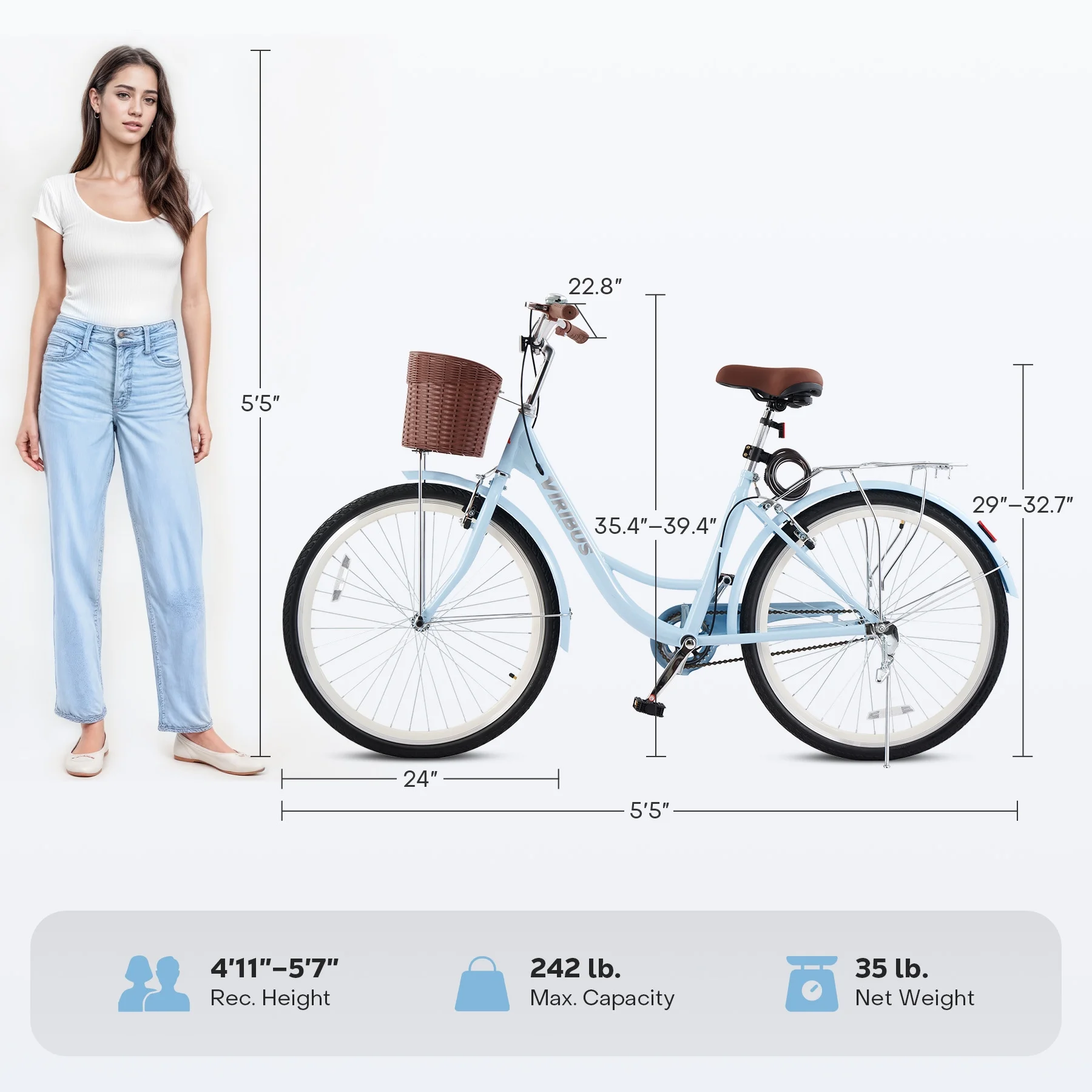 Viribus Women's Comfort Bike 24 inch Beach & City Cruiser Bicycle with Basket Rack White - Image 24