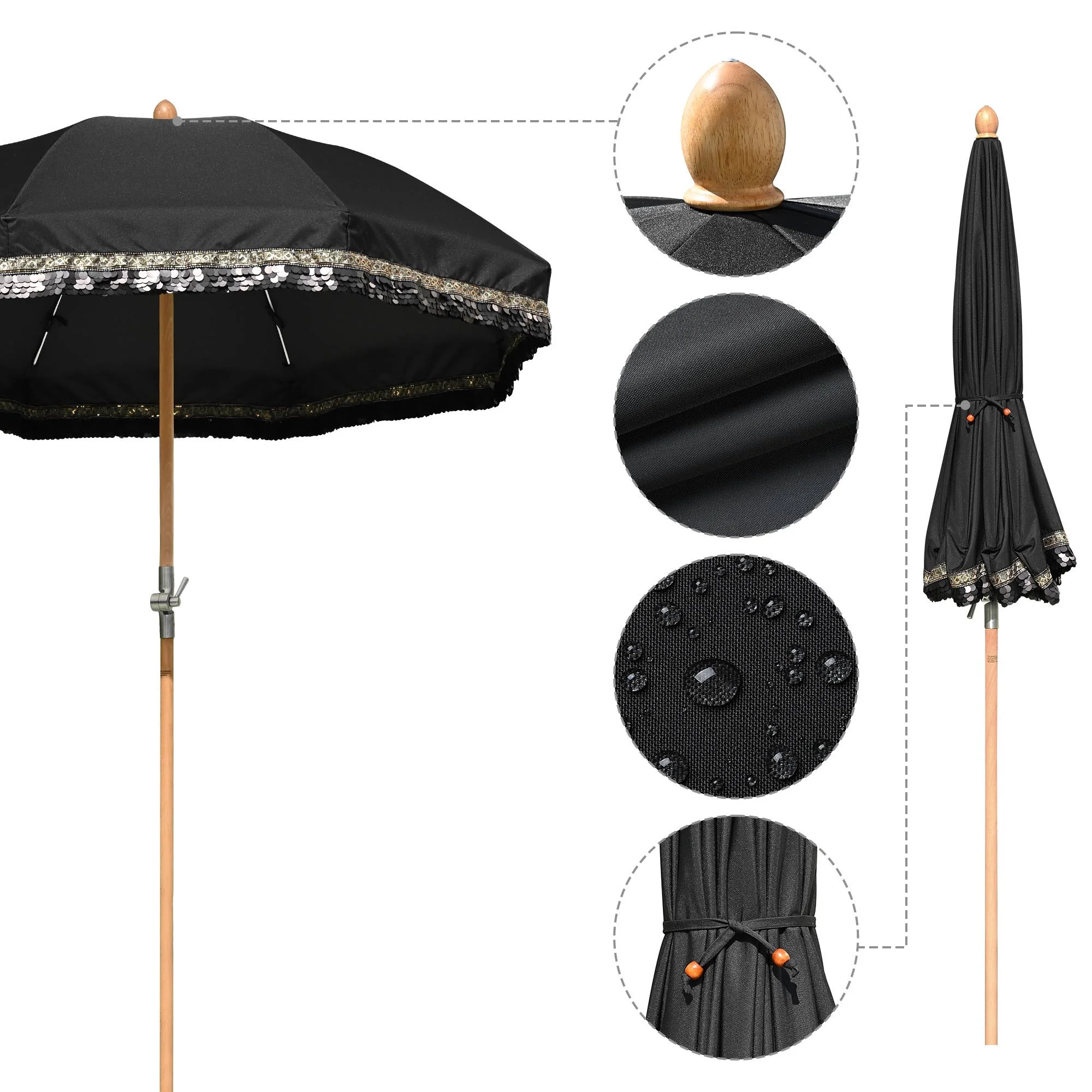 LAGarden 6 Ft Fringe Patio Umbrella with Tassel Jazz Age Wood UPF50+ for Outdoor, Beige with gold tassel,Model: JZ6-01 - Image 17