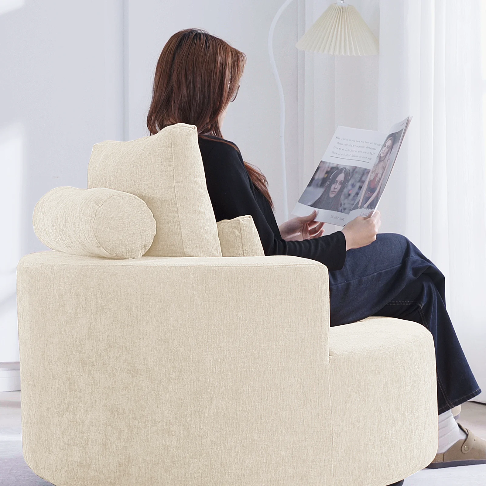 Fumahaus Upholstered Swivel Accent Chair, Oversized Comfy Round Sofa Chair with Two Pillows, Leisure Sofa Chair for Living Room Bedroom, Beige - Image 9