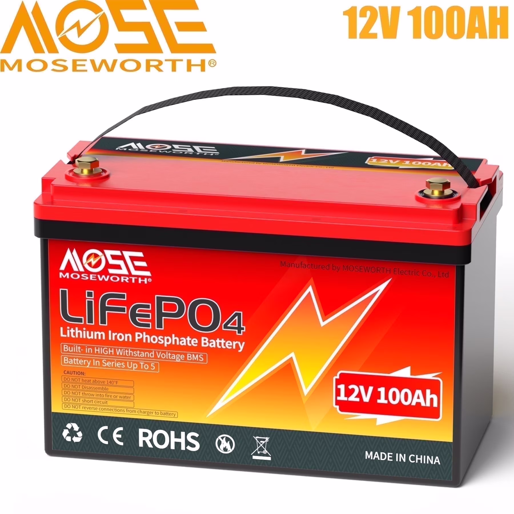 12V 100ah LiFePO4 Battery, MOSEWORTH Lithium Battery for RV, Solar, Marine, Trolling Motor, Backup Power, 15000+Deep Cycles, 100A BMS, Group 31 Battery(1Pack)