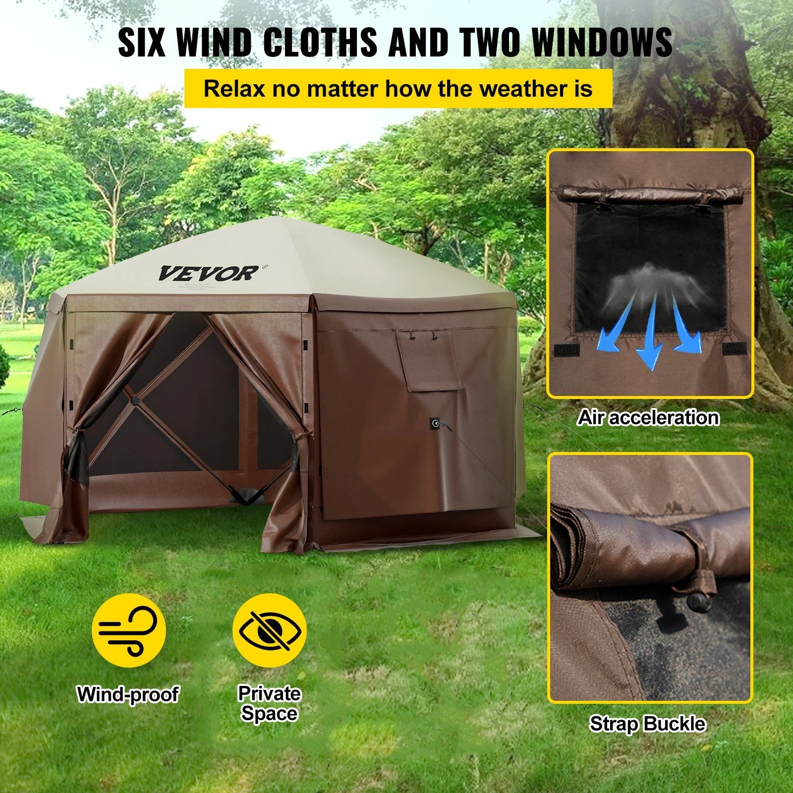 Quick Setup 12x12 Foot Gazebo Tent, 6-Sided Canopy with Mesh Screens & Carry Bag -?Sun Shade Shelter for Outdoor Events, Backyard, Picnic (Beige/Brown) - Image 3