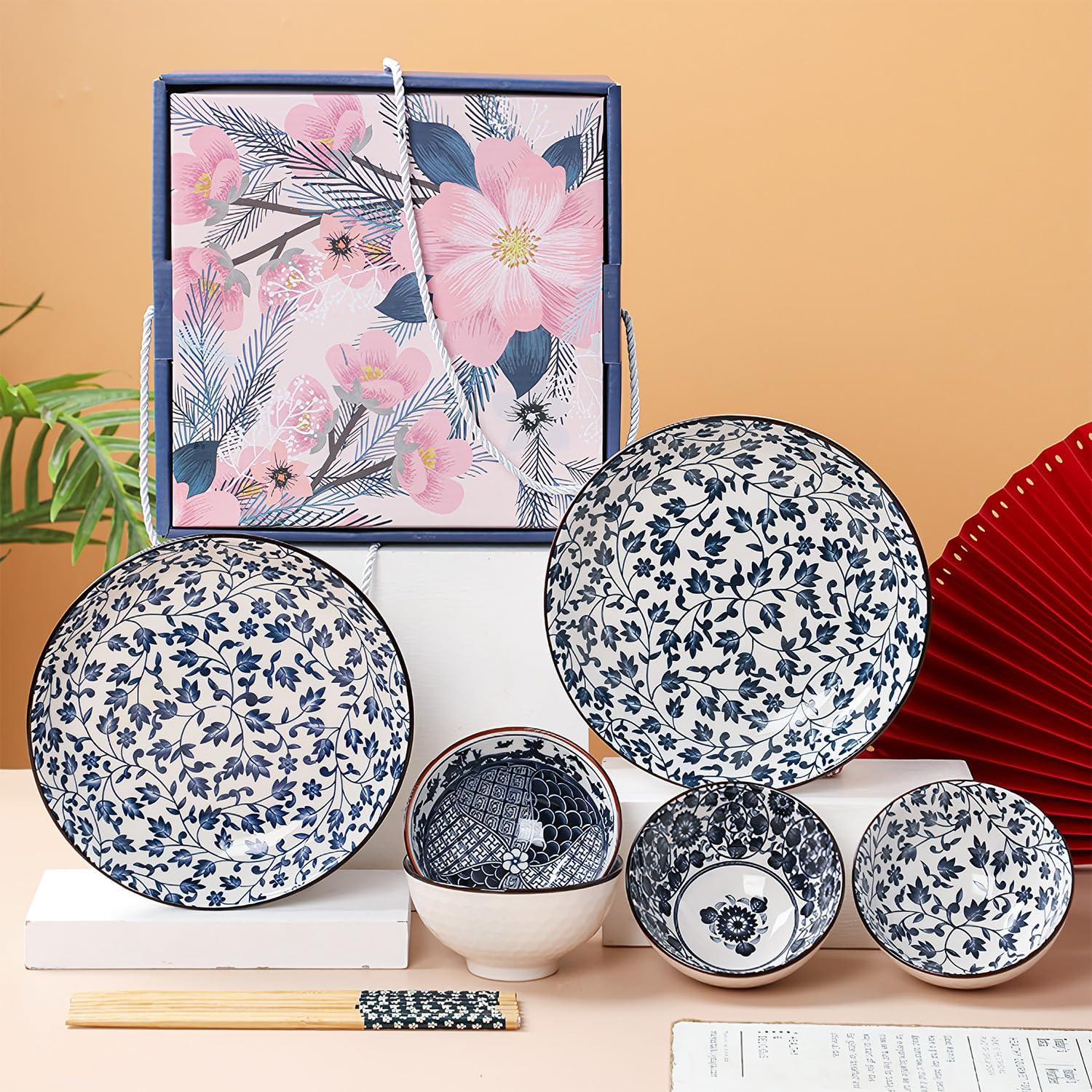 Ceramic Plates and Bowls Set, Japanese Style Dinnerware Set with Gift Box - Blue and White - 4 Rice Bowls and 2 Pasta Bowls - Kitchen Gifts for Women (Blue and White)