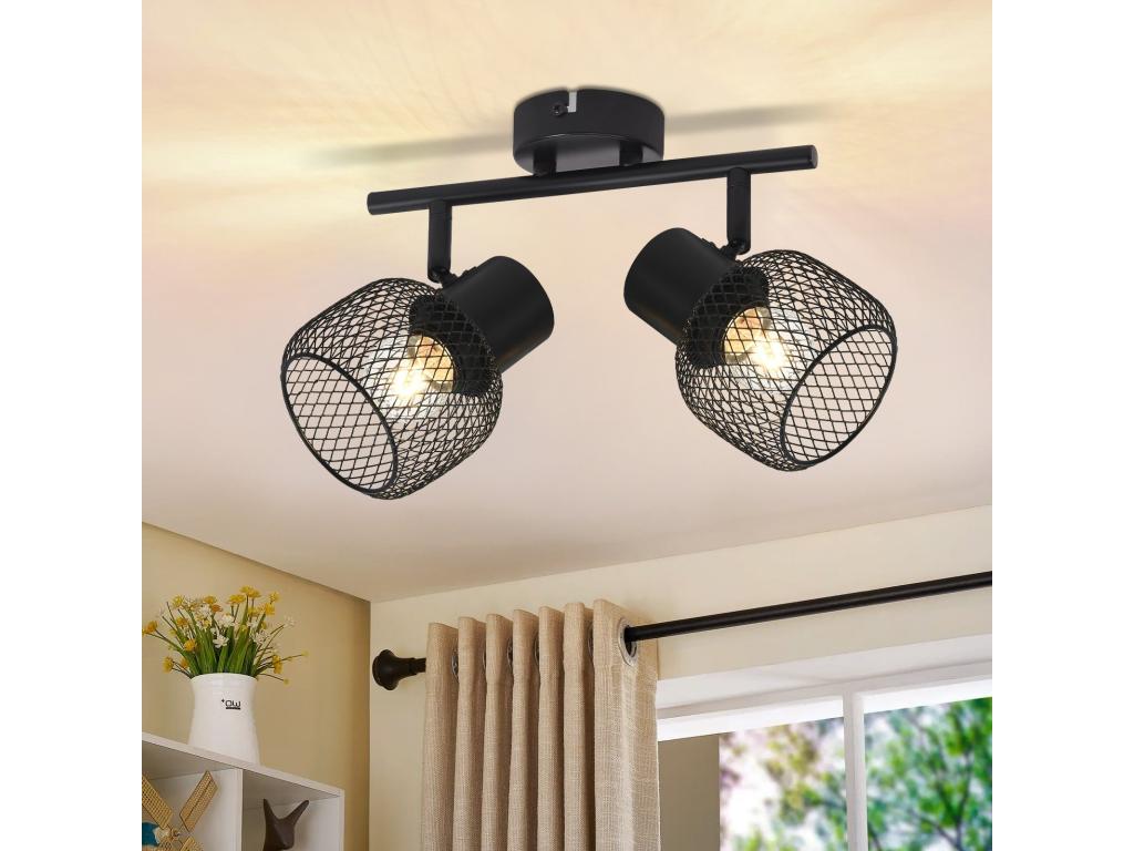 Laocacasas Lámpara de techo Vintage, reflector de techo con 2 llamas - Lámpara de techo de metal negro, LED giratorio 330°, reflector interior para lámpara de pared, para salón, pasillo, dormitorio, cocina, E27, Máx.25W, sin fuente de luz.