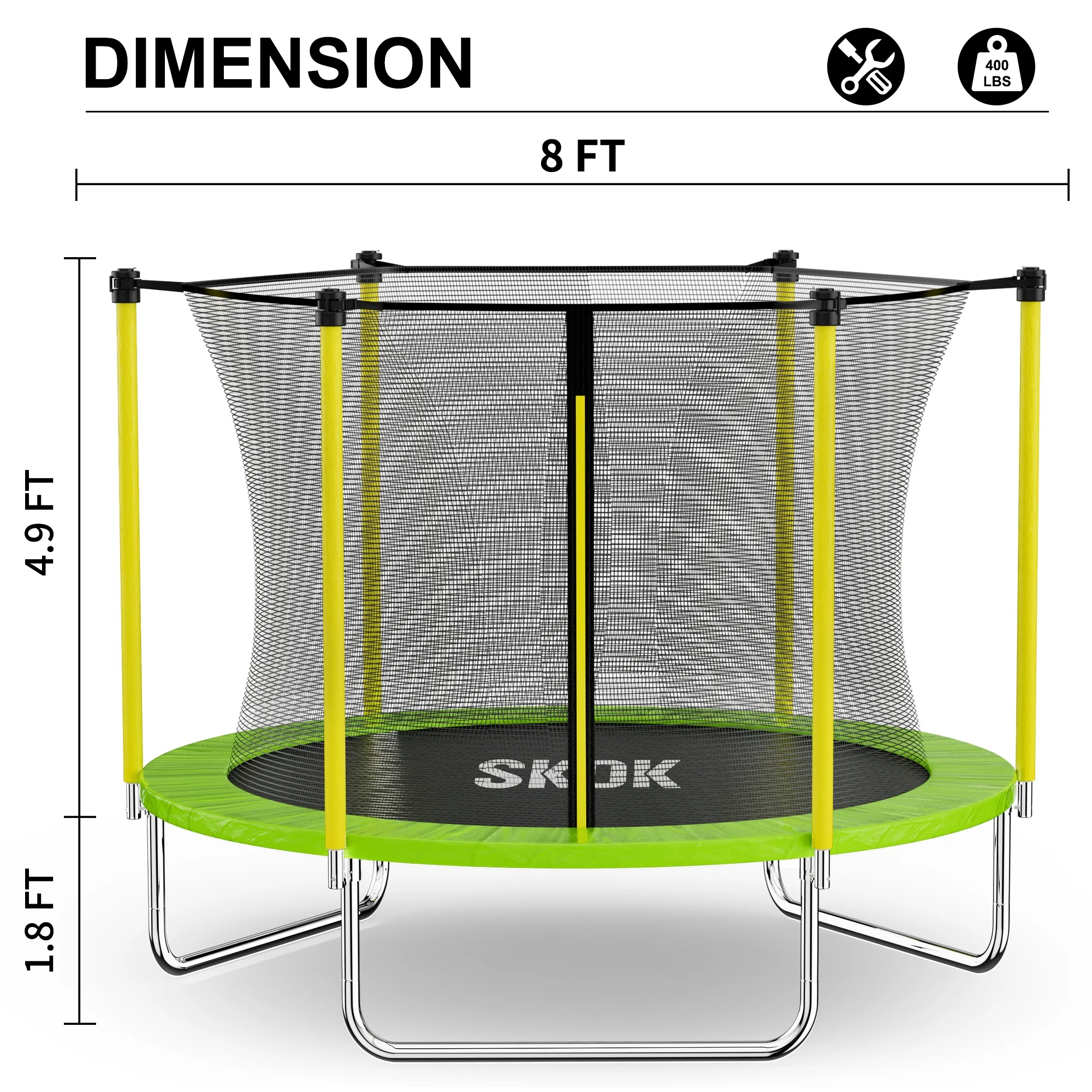 SKOK 8FT Large Cage Trampoline with Safety Enclosure Netting for Kids and Adults, 400LBS Capacity - Image 6