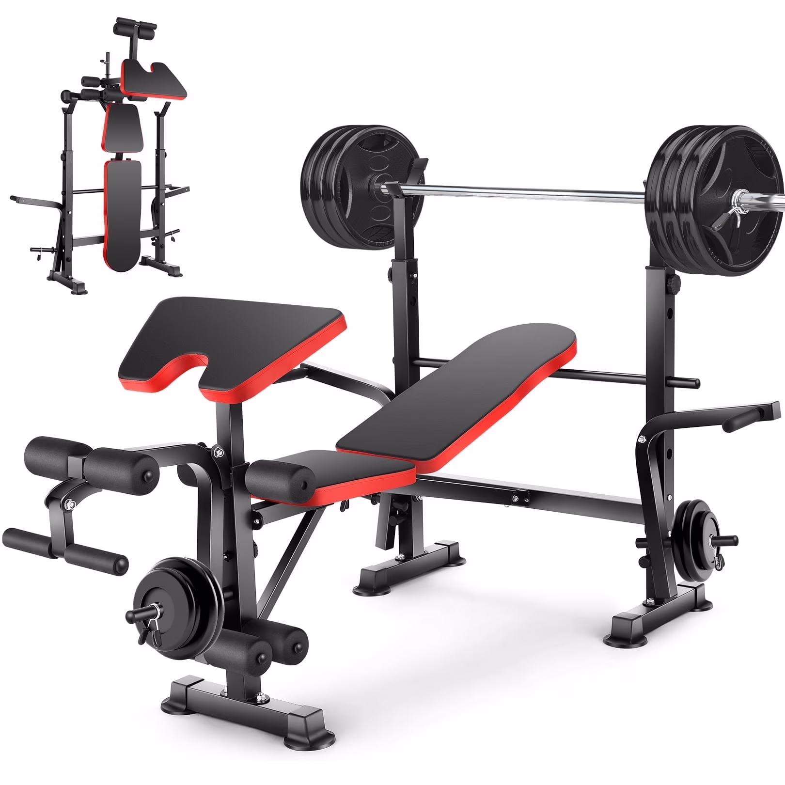 VIBESPARK Adjustable Weight Bench 600 lb 5 - in - 1 Foldable Workout Bench Set with Barbell Rack Leg Developer Preacher Curl Rack Dumbbell Fly Attachment, Multi - Function Strength Training Bench Press(5 in 1)