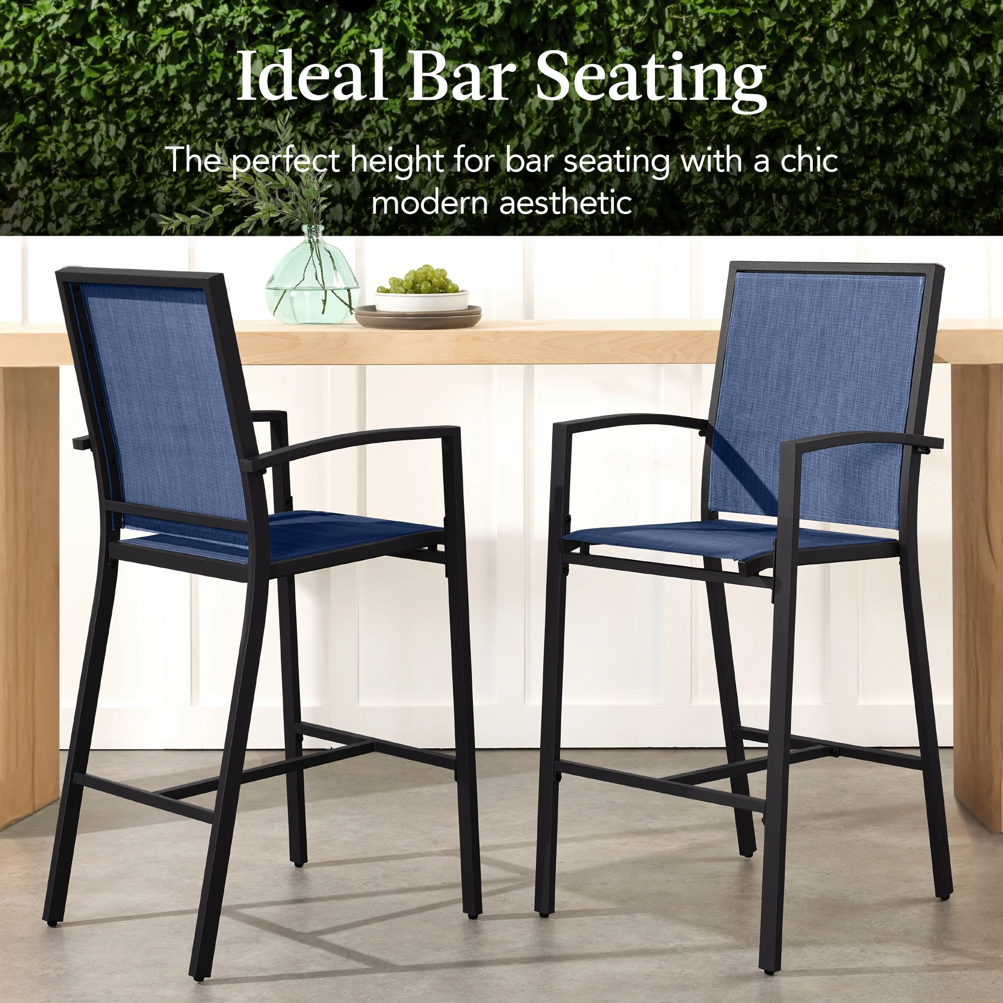 Best Choice Products Outdoor Barstools Set of 2, Bar Height Patio Chairs w/ All-Weather Mesh - Black/Black - Image 23