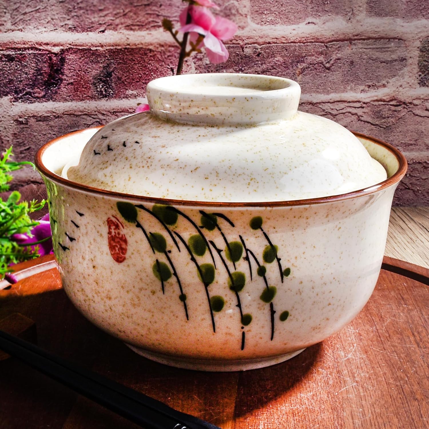Japanese Style Ceramic Lidded Bowl, 25.4 oz Hand-Painted Ceramic Rice Bowl with Lid, Microwave & Dishwasher Safe Soup Bowl for Rice, Stew, Dessert, Kitchen Dining Tableware