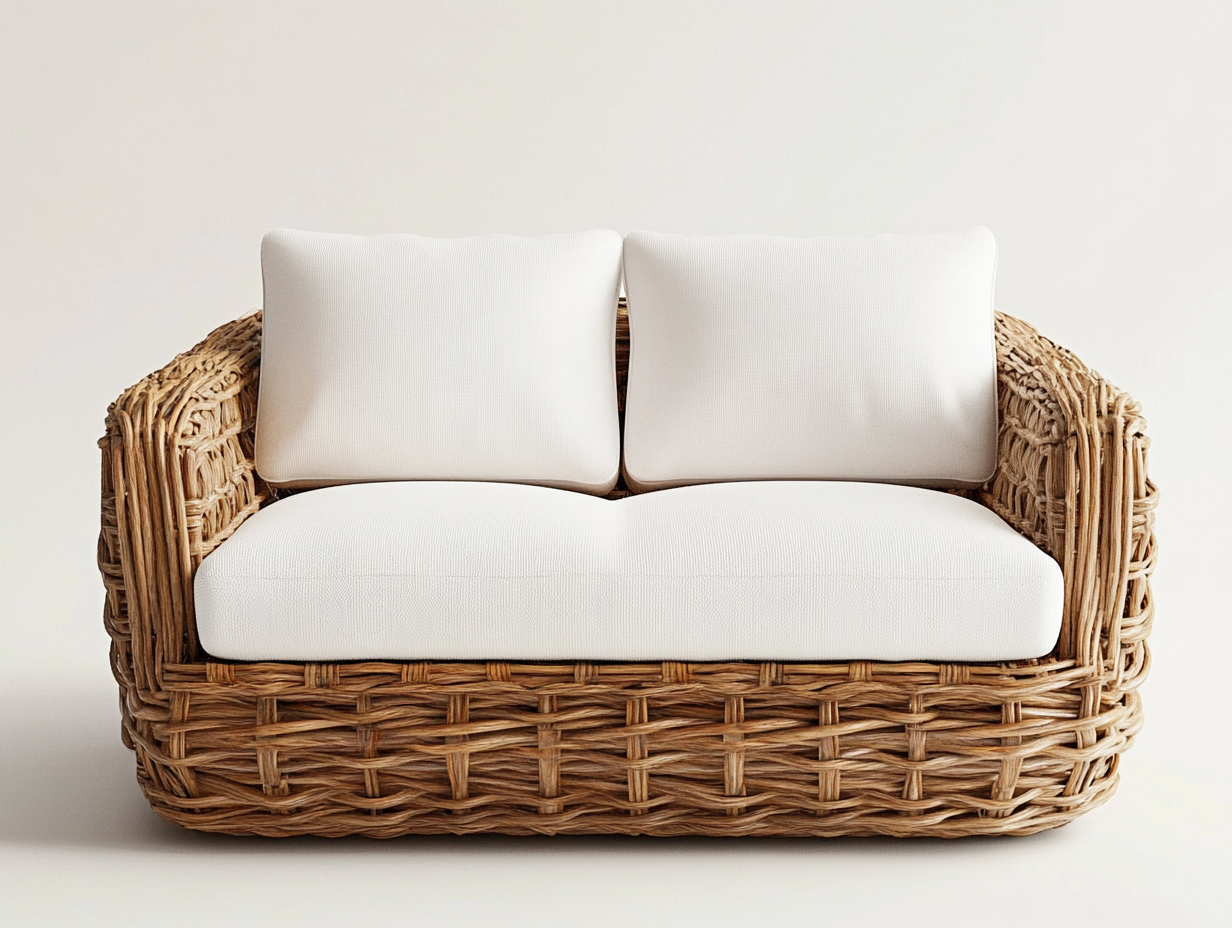 Sillón de exterior con estructura de ratán sintético y cojines blancos