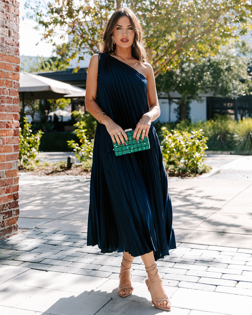 Melina Satin One Shoulder Pleated Midi Dress - Navy - Se7enfashion