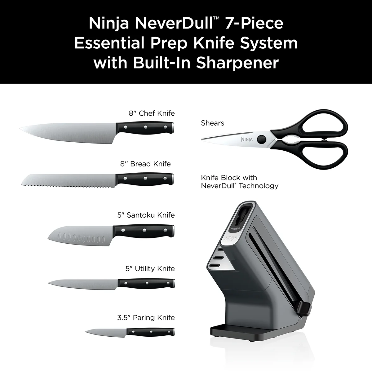 Ninja? NeverDull? 7-Piece Prep Knife System, Essential, Stainless Steel, Built-in Sharpener, K12007BRN - Image 7