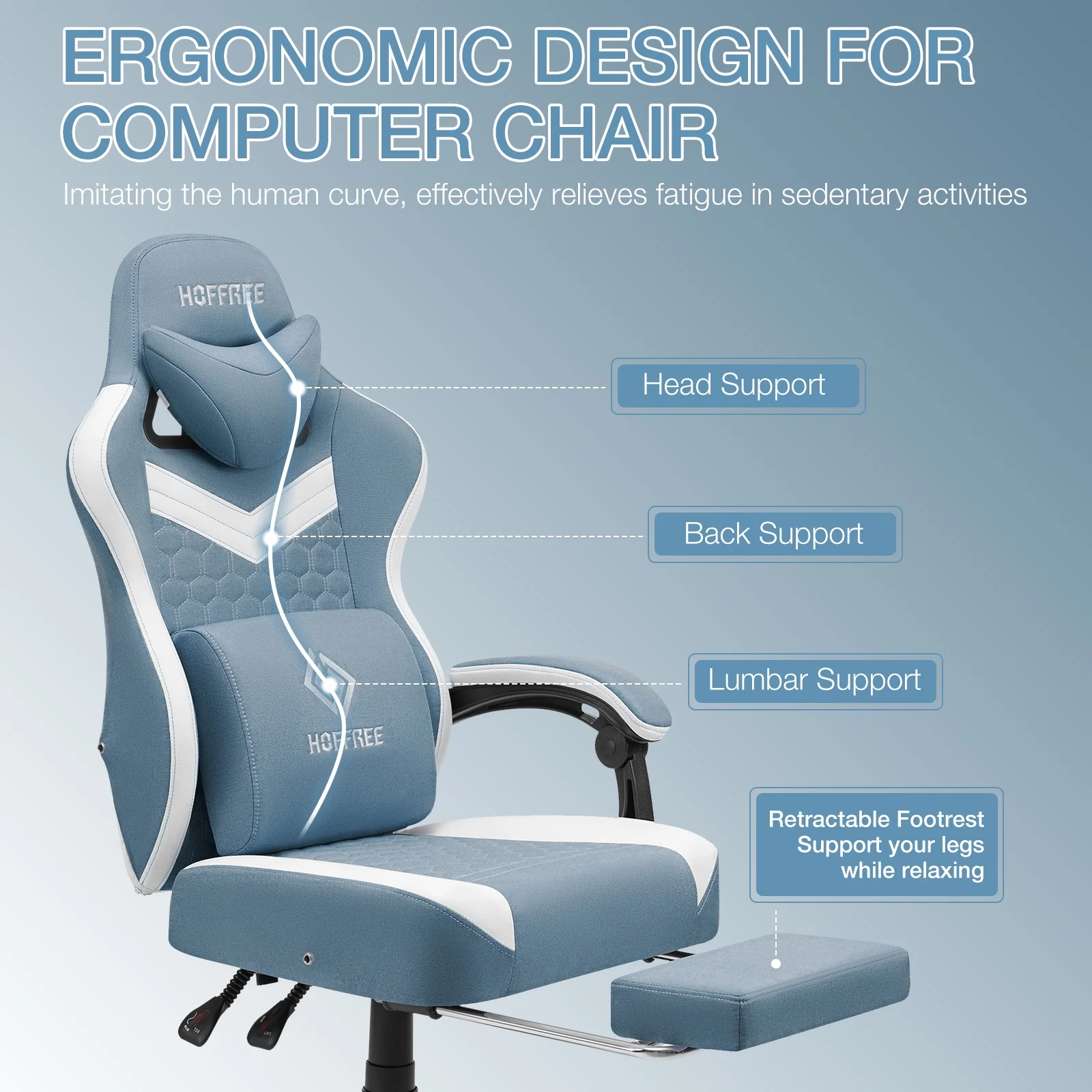 Hoffree Gaming Chair with Massage Fabric Office Chair with footrest for Adults, Ergonomic Gamer Chair with Headrest and Lumbar Support for Office Gaming, 440 LBS - Image 71