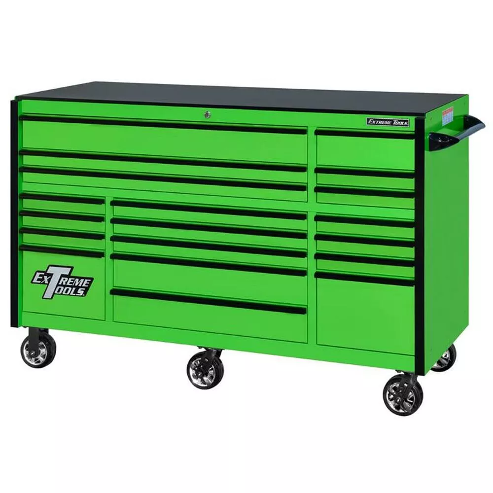 Extreme Tools 72" RX Series 19-Drawer 30" Deep Roller Cabinet - Green w/Black Drawer Pulls