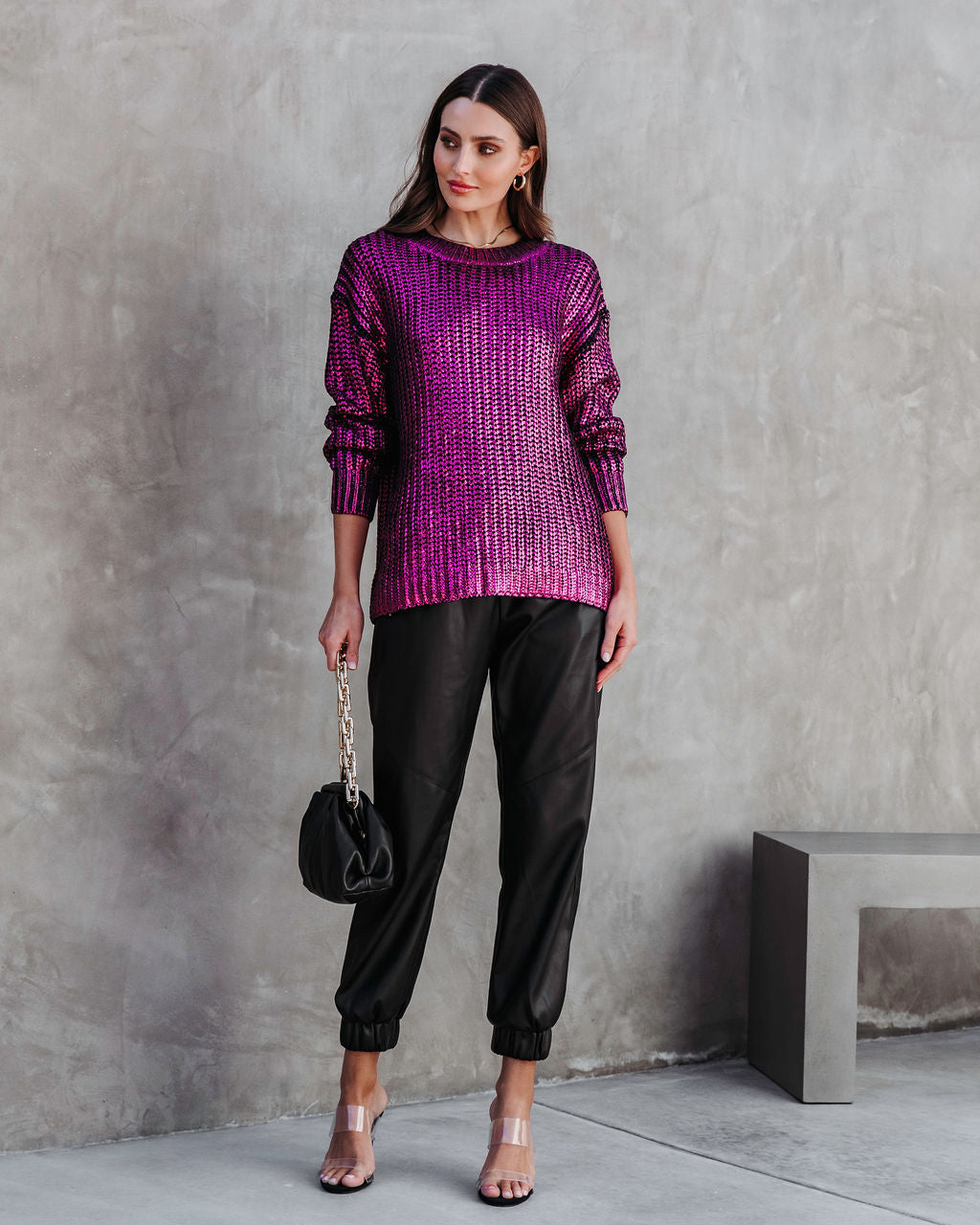 Delightful Cheer Metallic Knit Pullover Sweater - Hot Pink - Se7enfashion