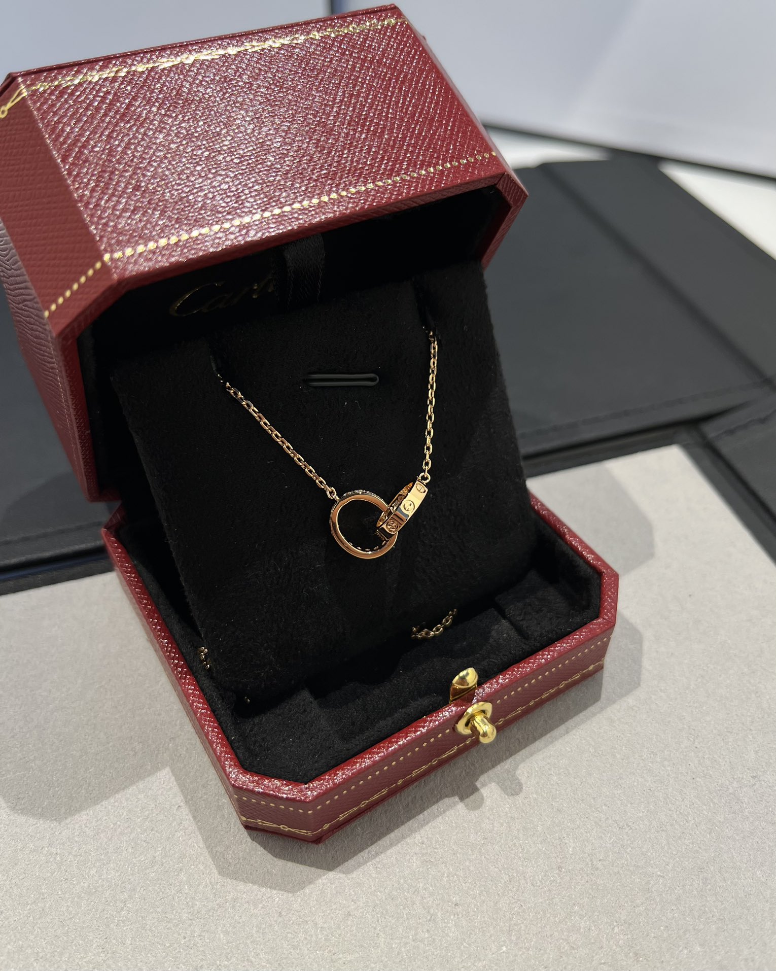 Cartier Pink Gold LEVE LOVE Pendant Necklace - Half Paved - Original Replica Club