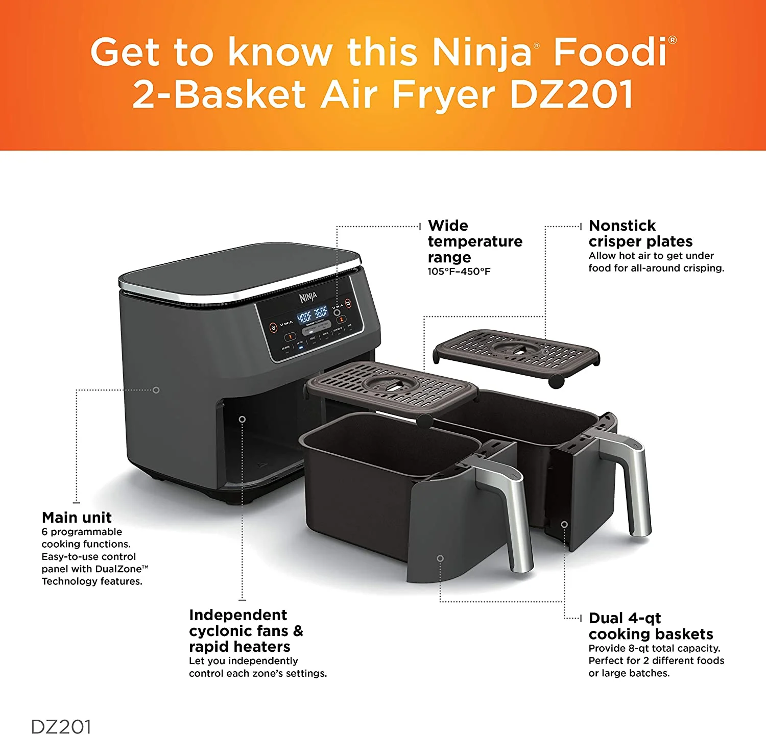 Restored Ninja DZ201 Foodi 6-in-1 2-Basket Air Fryer with DualZone Technology, 8-Quart Capacity, and a Dark Grey Stainless Finish (Refurbished) - Image 8