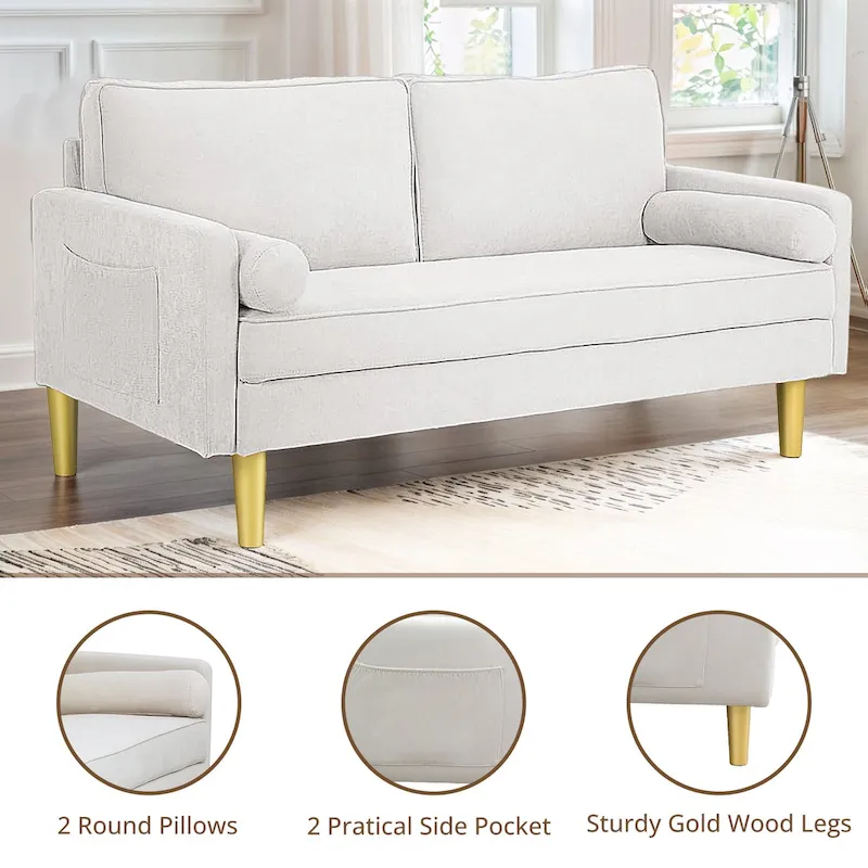 Elegant 65-Inch Orange Polyester 2-Seater Loveseat with Side Pockets and Round Cushions