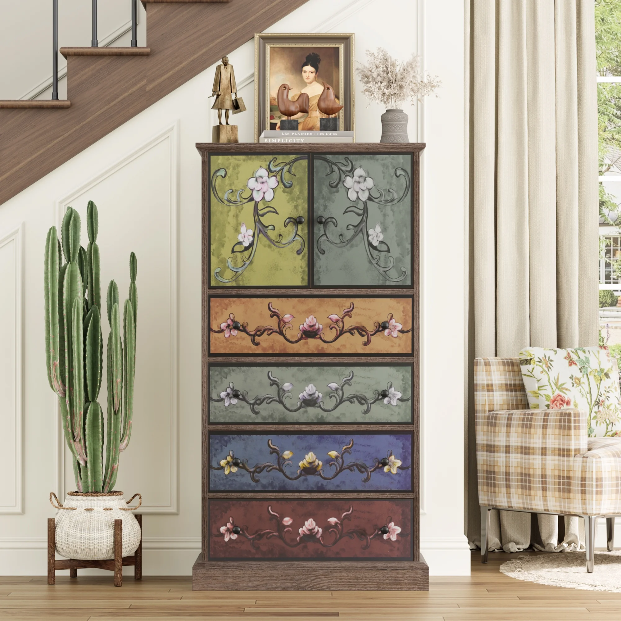 Homfa 50- Tall Dresser with 4 Drawers, Boho Vintage Dresser with 2 Doors, Wood Drawers Chest for Bedroom Living Room Entryway - Image 4