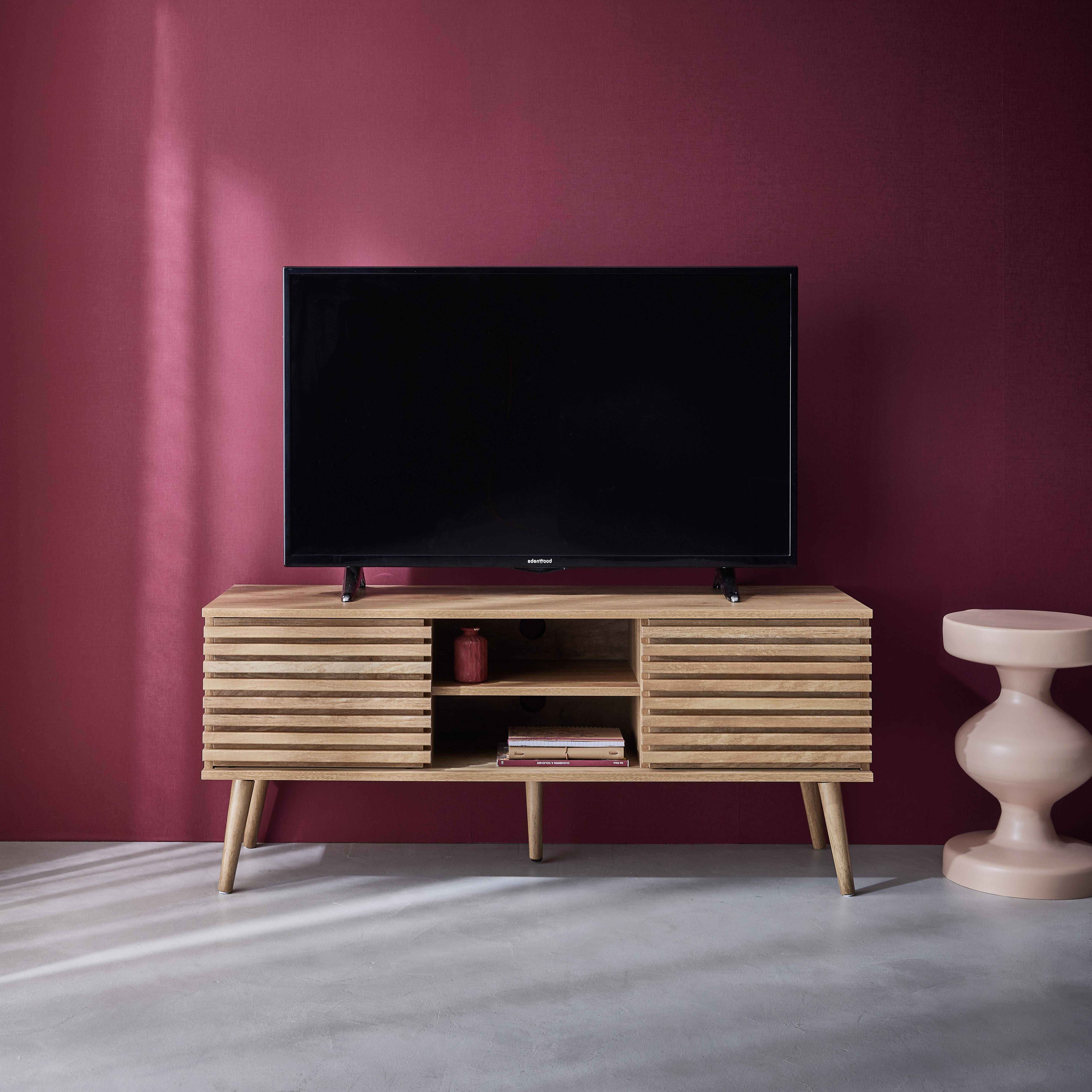 Madere - Mueble TV escandinavo 2 puertas con decoración madera acanalada, 120cm