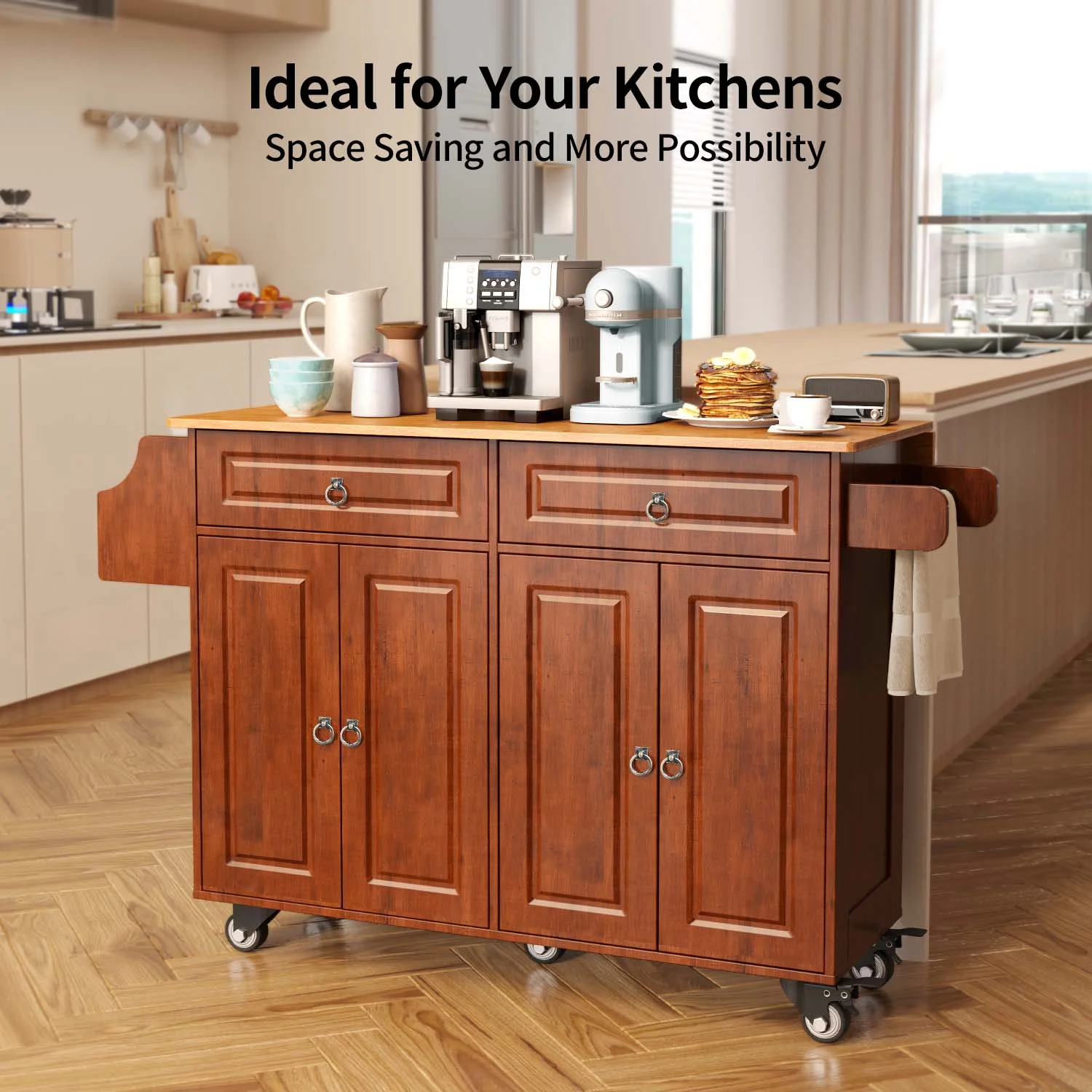 Lofka 52-Inch Kitchen Island with Storage on Wheels with Wood Drop Leaf, Ideal for Small Kitchens - Image 23