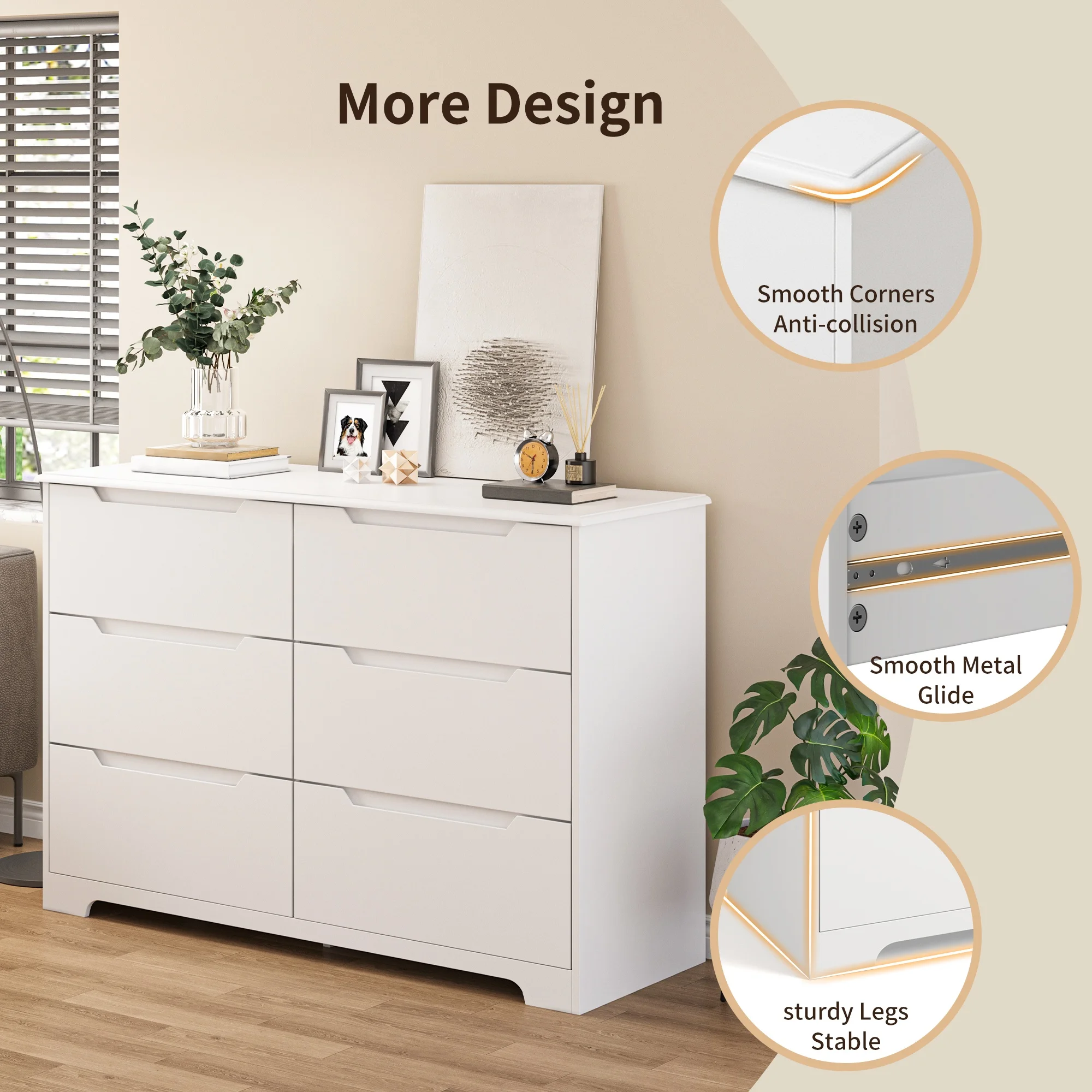 Dresser for Bedroom, Lofka 6 Drawer Double Dresser with Cutout Handles, Large Storage Capacity, Anti-Tip Safety, Modern Wood Chest of Drawers, Smooth Metal Rail, White - Image 5