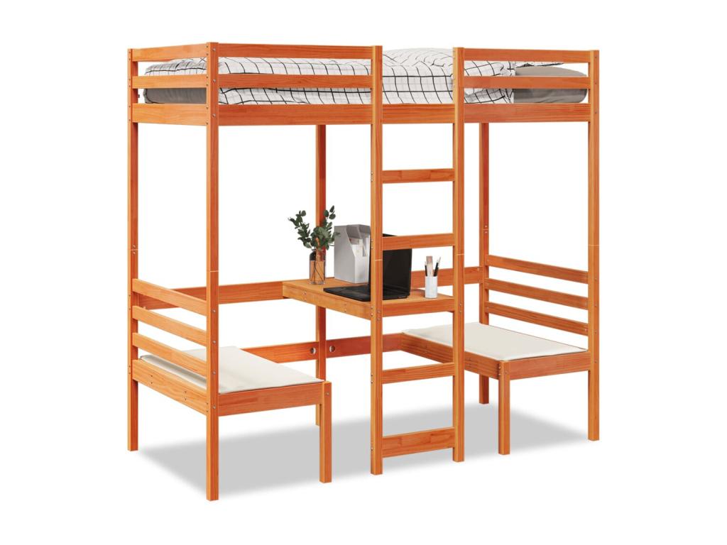 Cama alta escritorio y asientos madera maciza marrón 80x200 cm