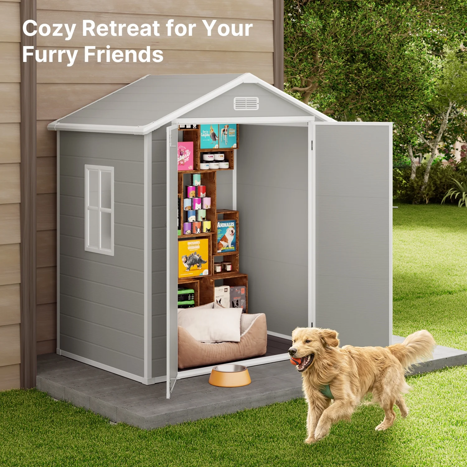 6x4 FT Resin Storage Shed, Lofka Plastic Outdoor Shed with Heavy Duty Floors, 135.6 cu ft, Colorfast, Side Window, Double Lockable Doors for Garden Backyard
